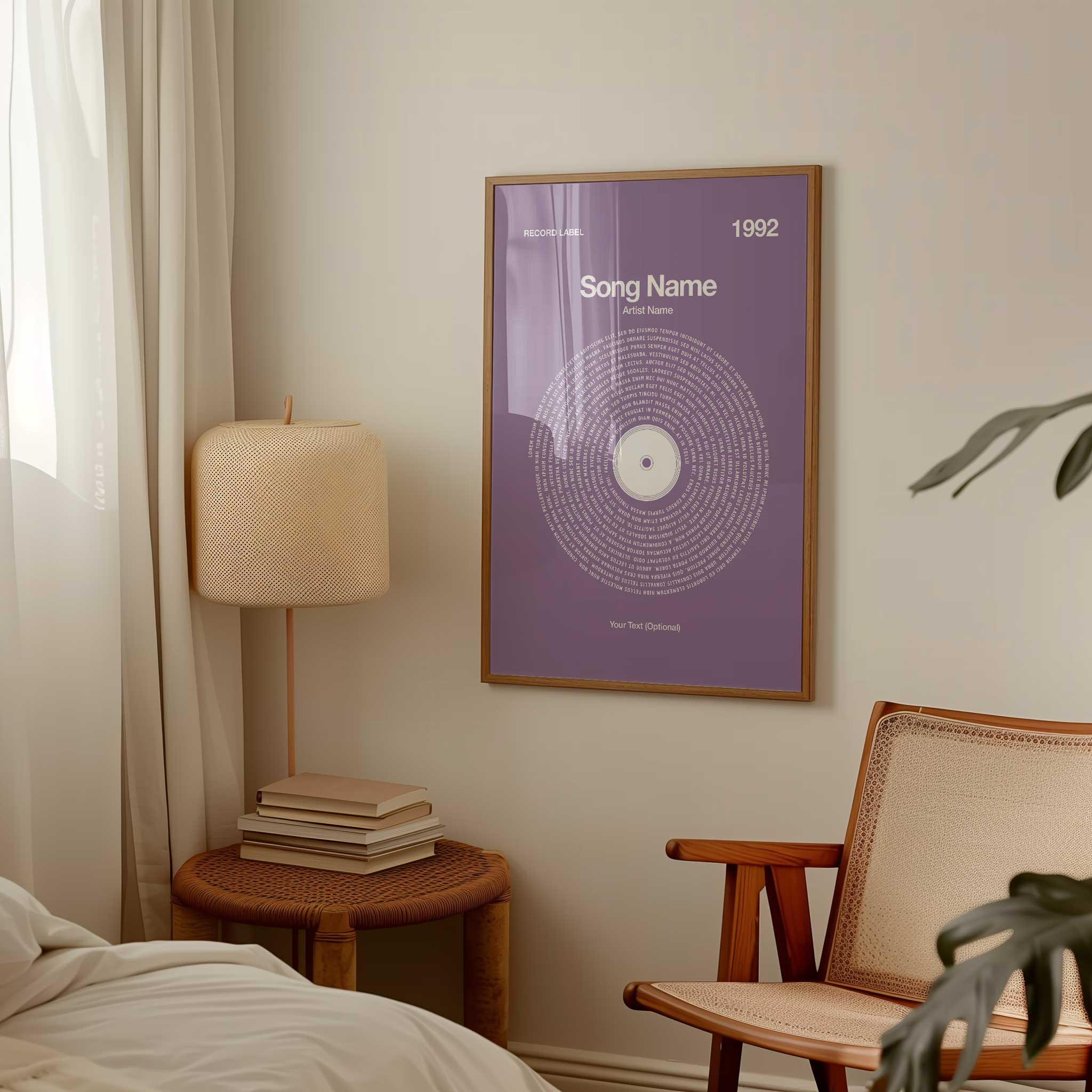 Soothing Lilac background personalized song lyrics print in a vinyl record style, serene music art.