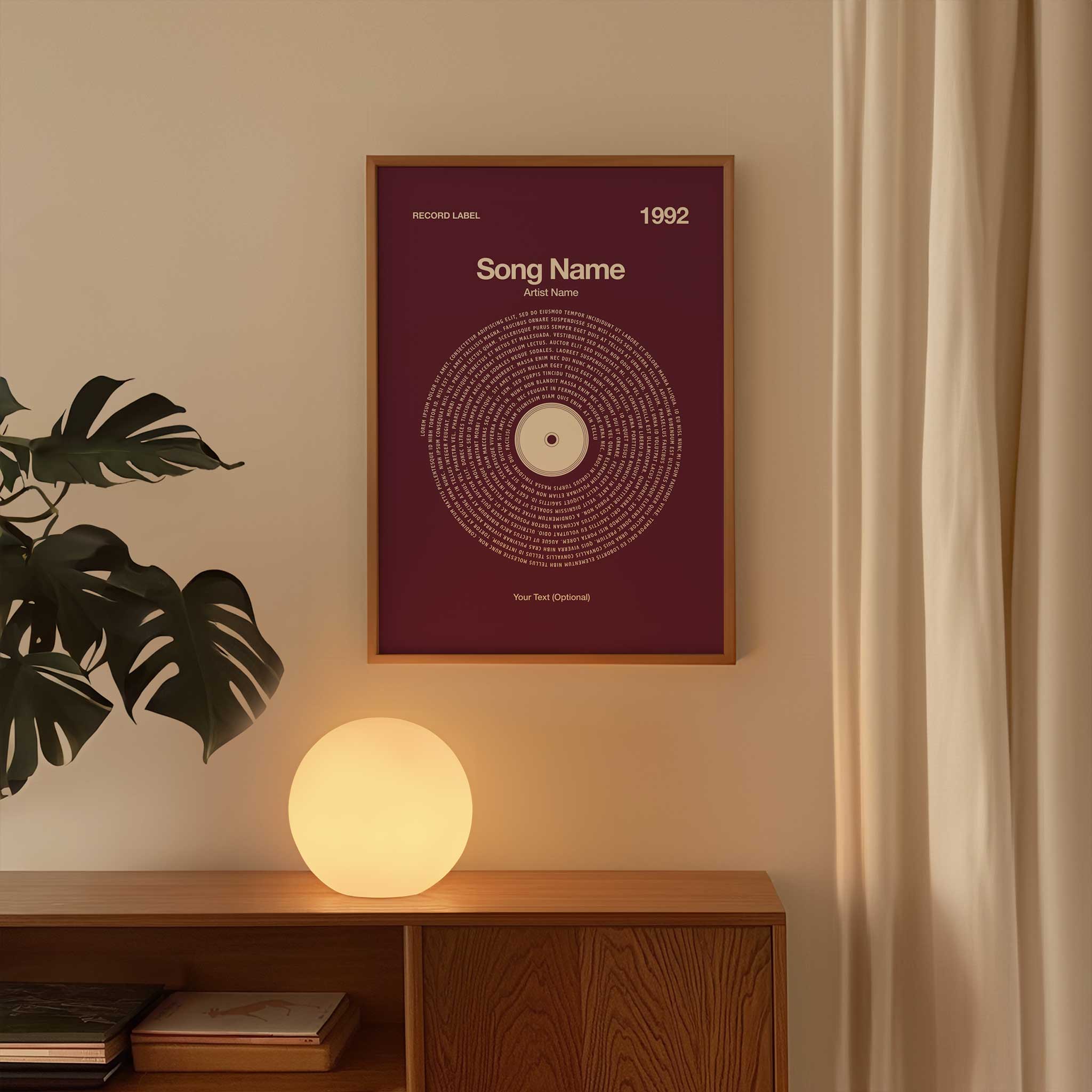 Deep Rich Mulberry background personalized song lyrics wall art in a vinyl record style, vibrant aesthetic.