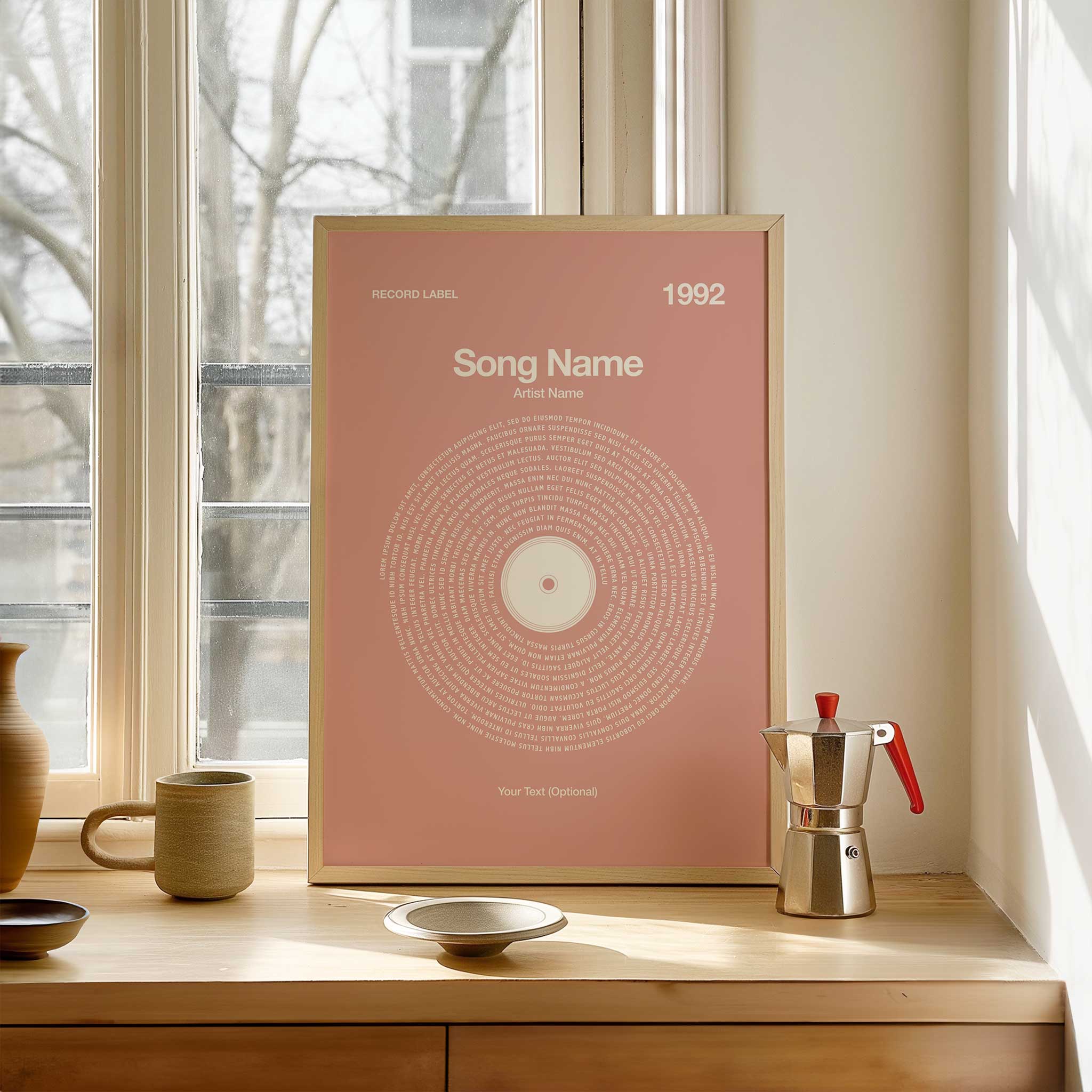 Delicate Petal-Pink background custom lyrics wall art in a vinyl record design, cozy music decor.
