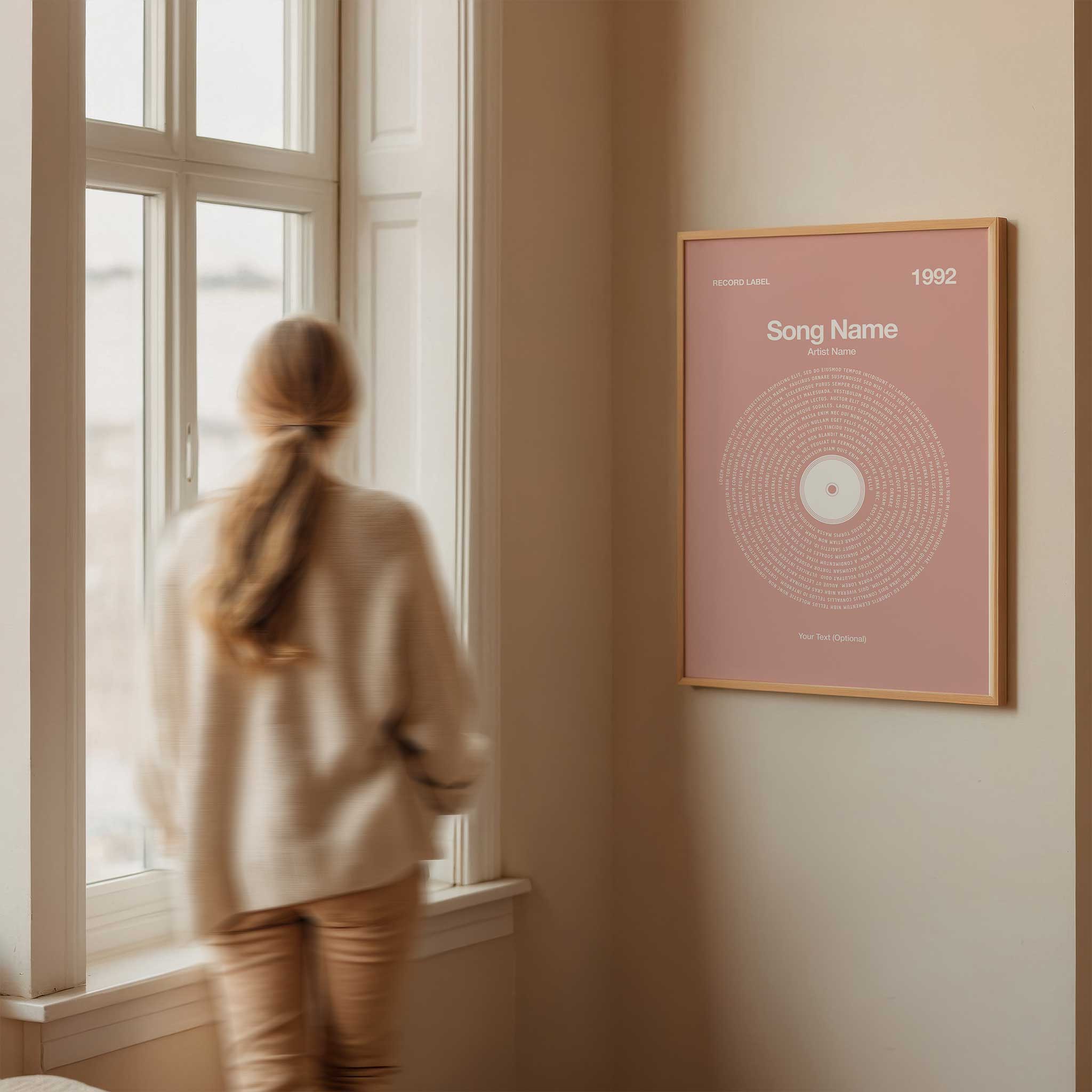 Delicate Petal-Pink background custom lyrics wall art in a vinyl record design, cozy music decor.