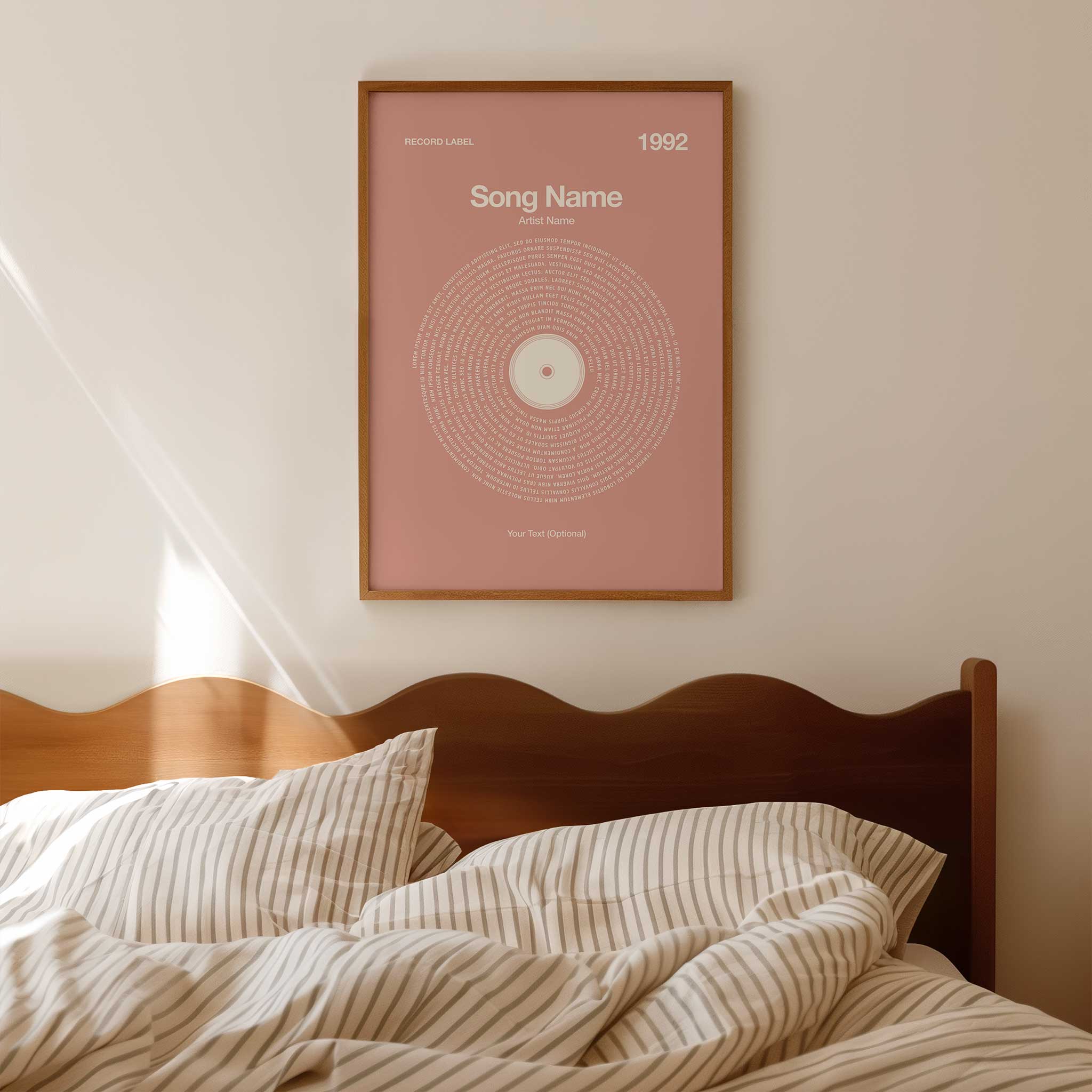 Delicate Petal-Pink background custom lyrics wall art in a vinyl record design, cozy music decor.