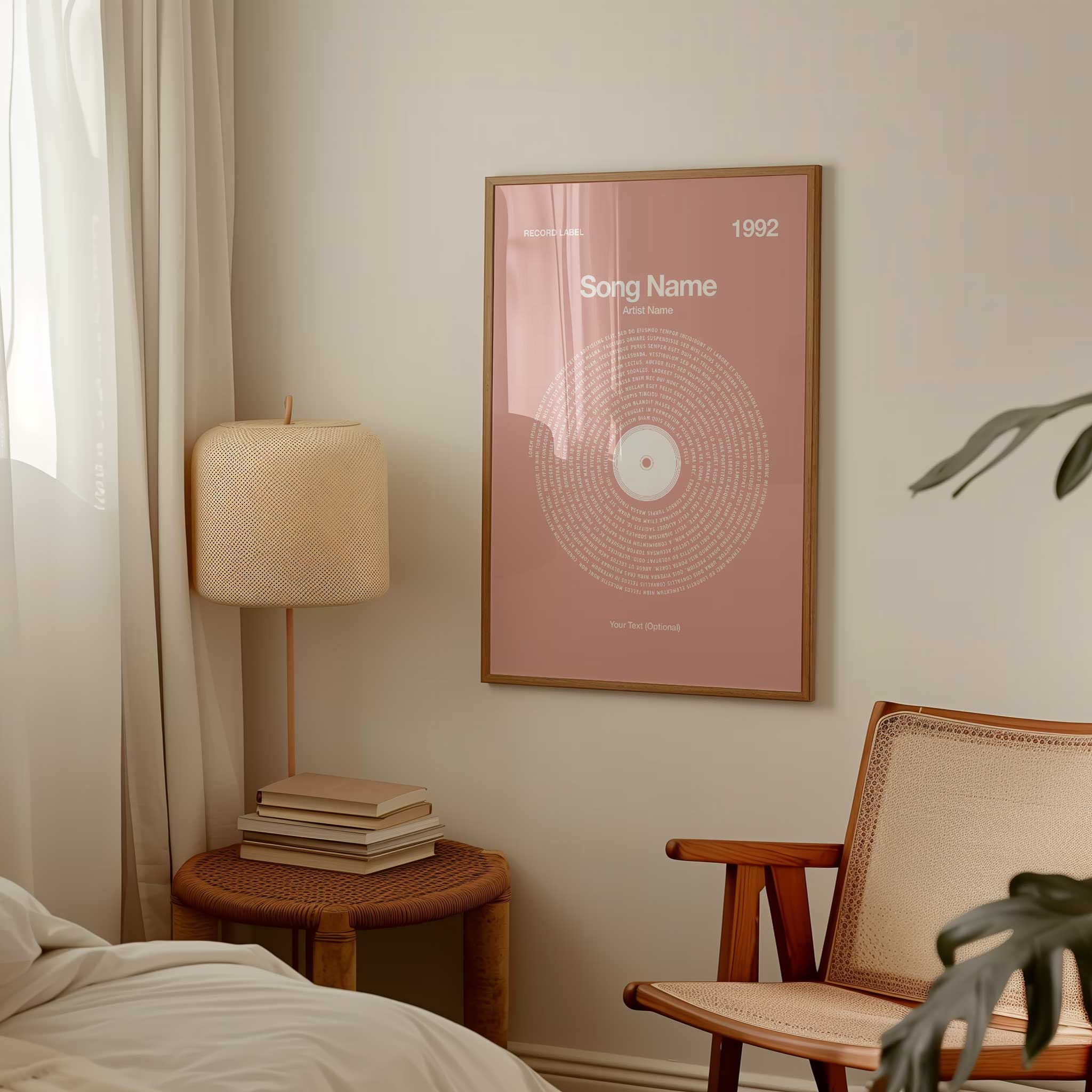 Delicate Petal-Pink background custom lyrics wall art in a vinyl record design, cozy music decor.