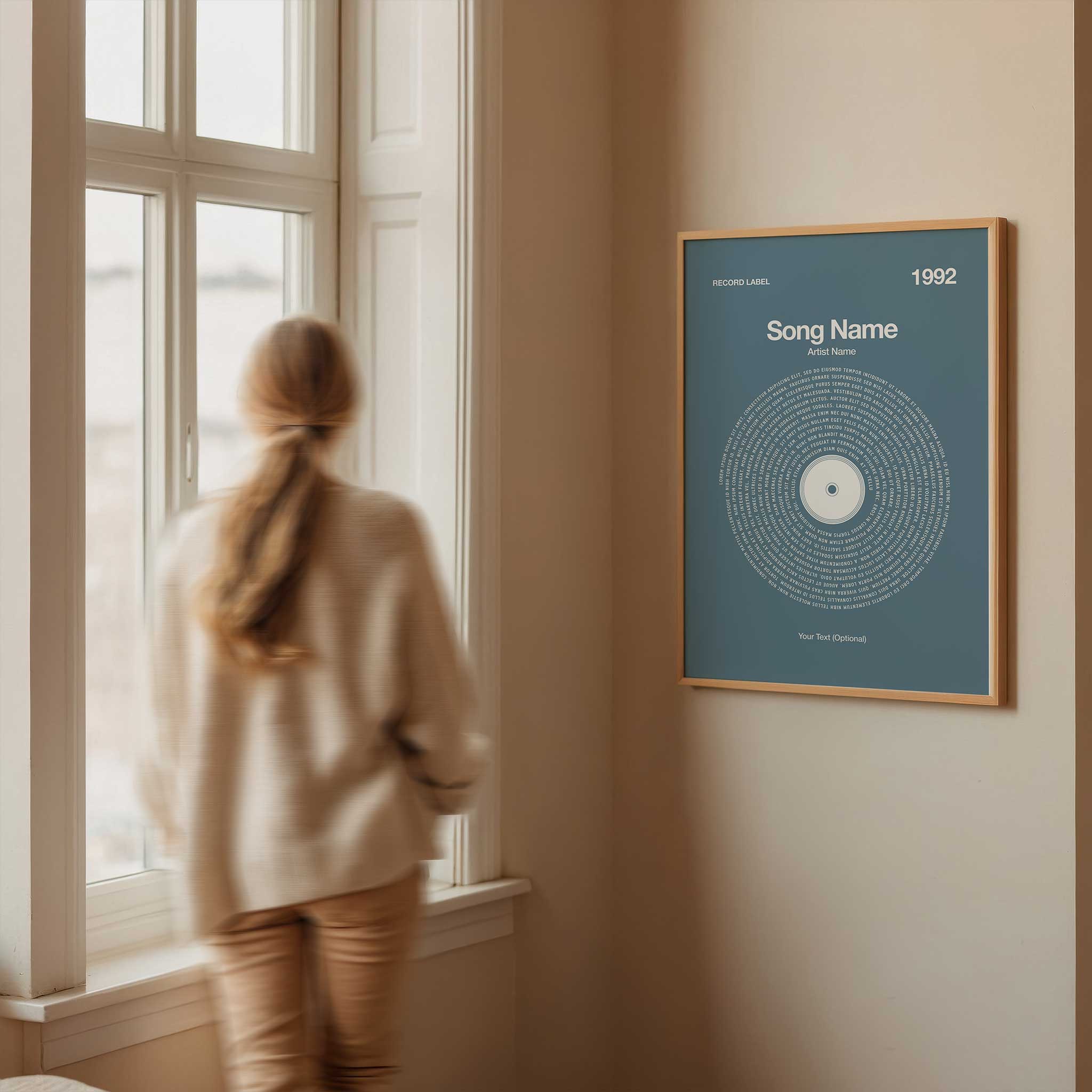 Soft Slate Blue background custom music wall art with personalized vinyl lyrics, contemporary aesthetic.