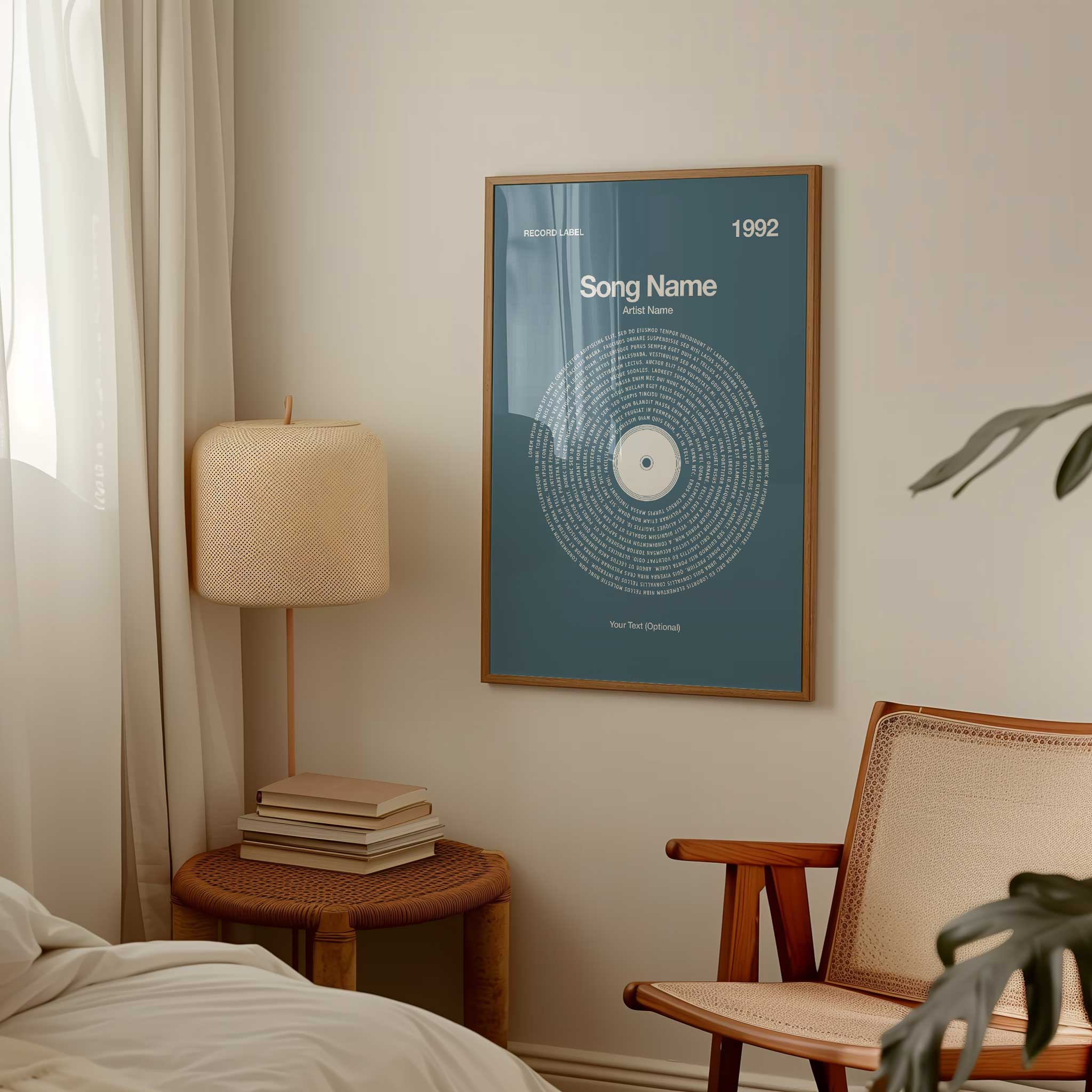 Soft Slate Blue background custom music wall art with personalized vinyl lyrics, contemporary aesthetic.
