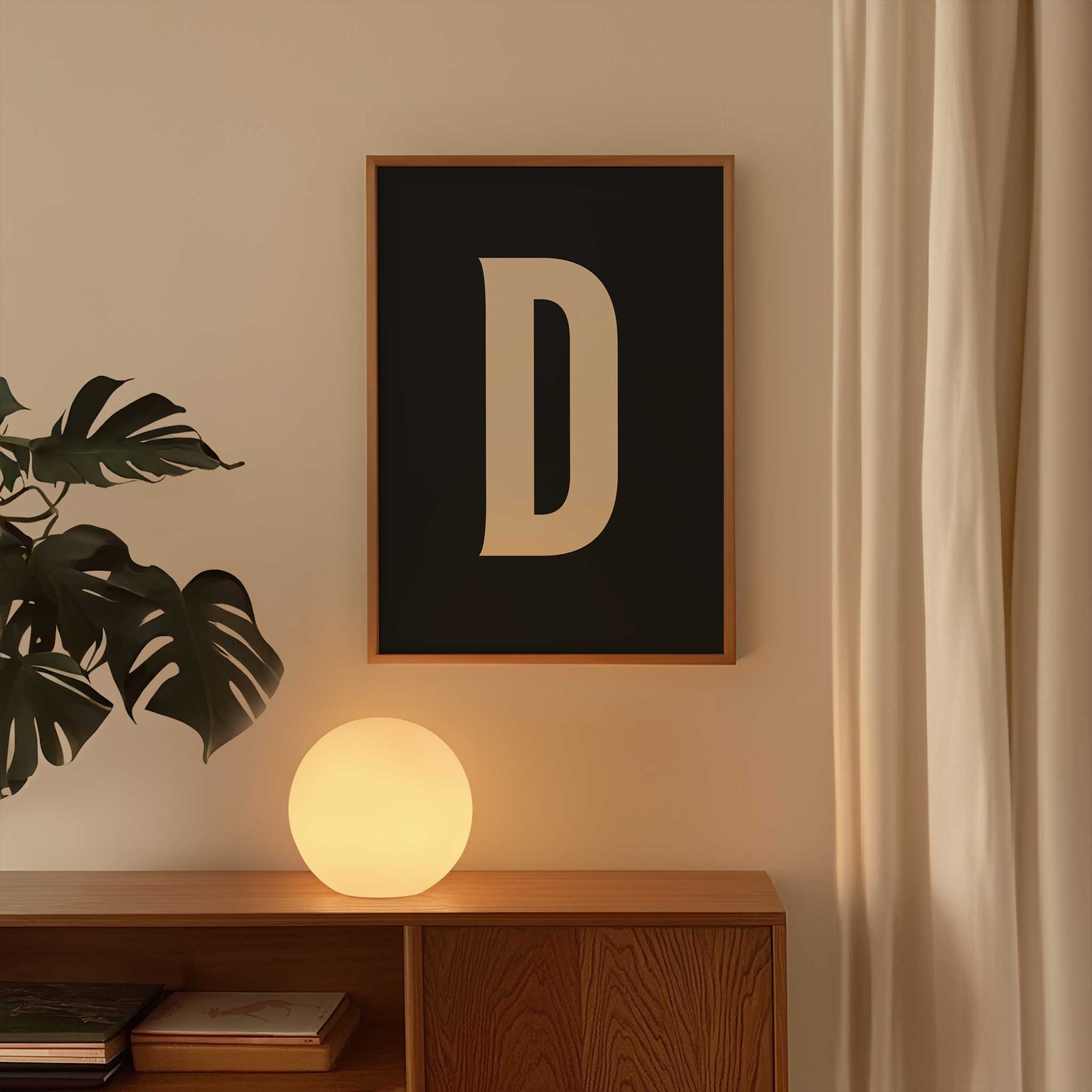 Elegant black letter 'D' monogram, minimalist wall art for a graphic aesthetic, titled 'Modern Monogram Art Print - D Black'