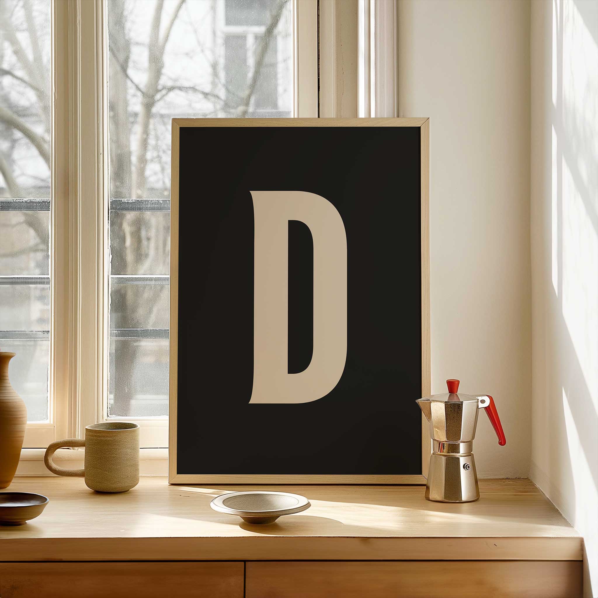 Elegant black letter 'D' monogram, minimalist wall art for a graphic aesthetic, titled 'Modern Monogram Art Print - D Black'