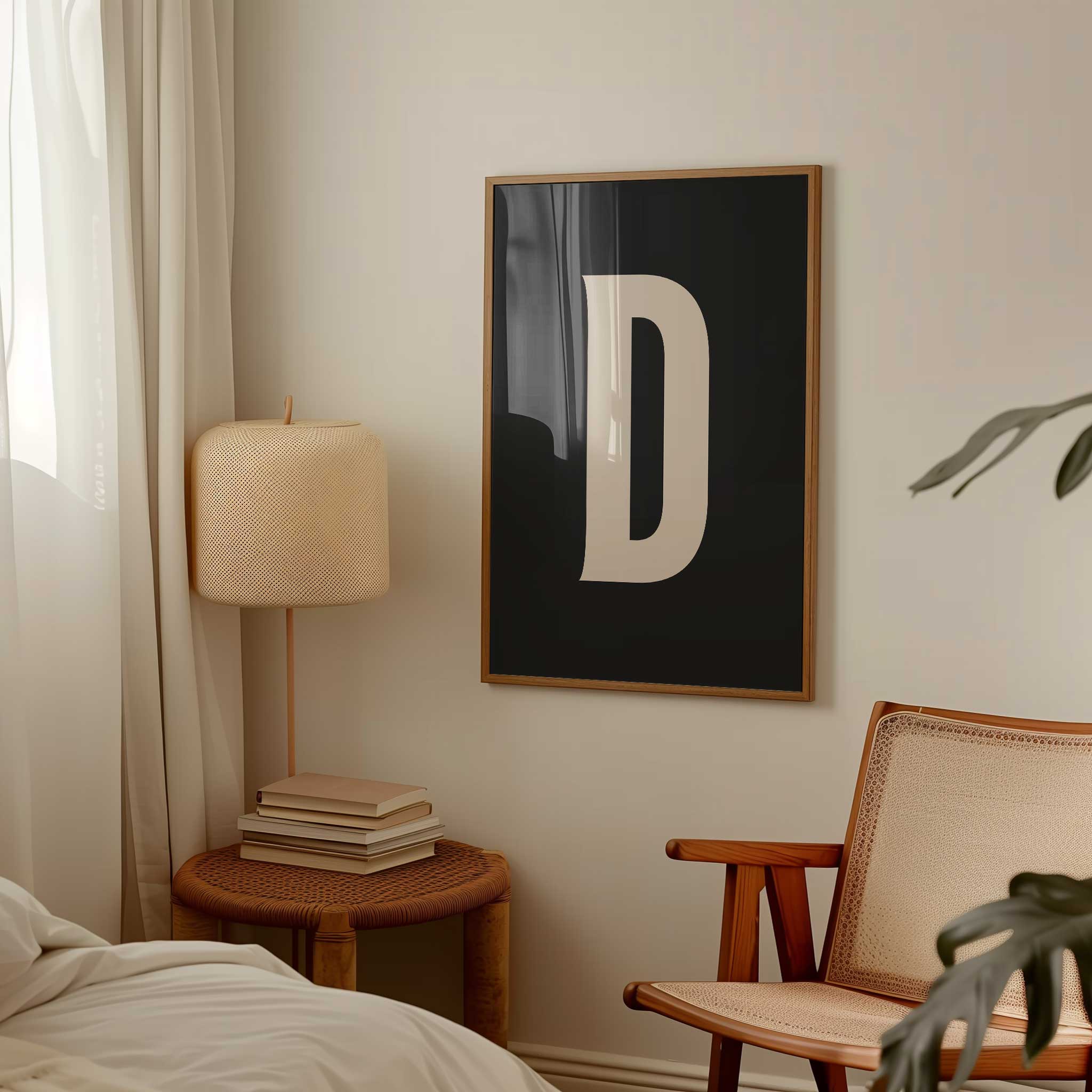 Elegant black letter 'D' monogram, minimalist wall art for a graphic aesthetic, titled 'Modern Monogram Art Print - D Black'