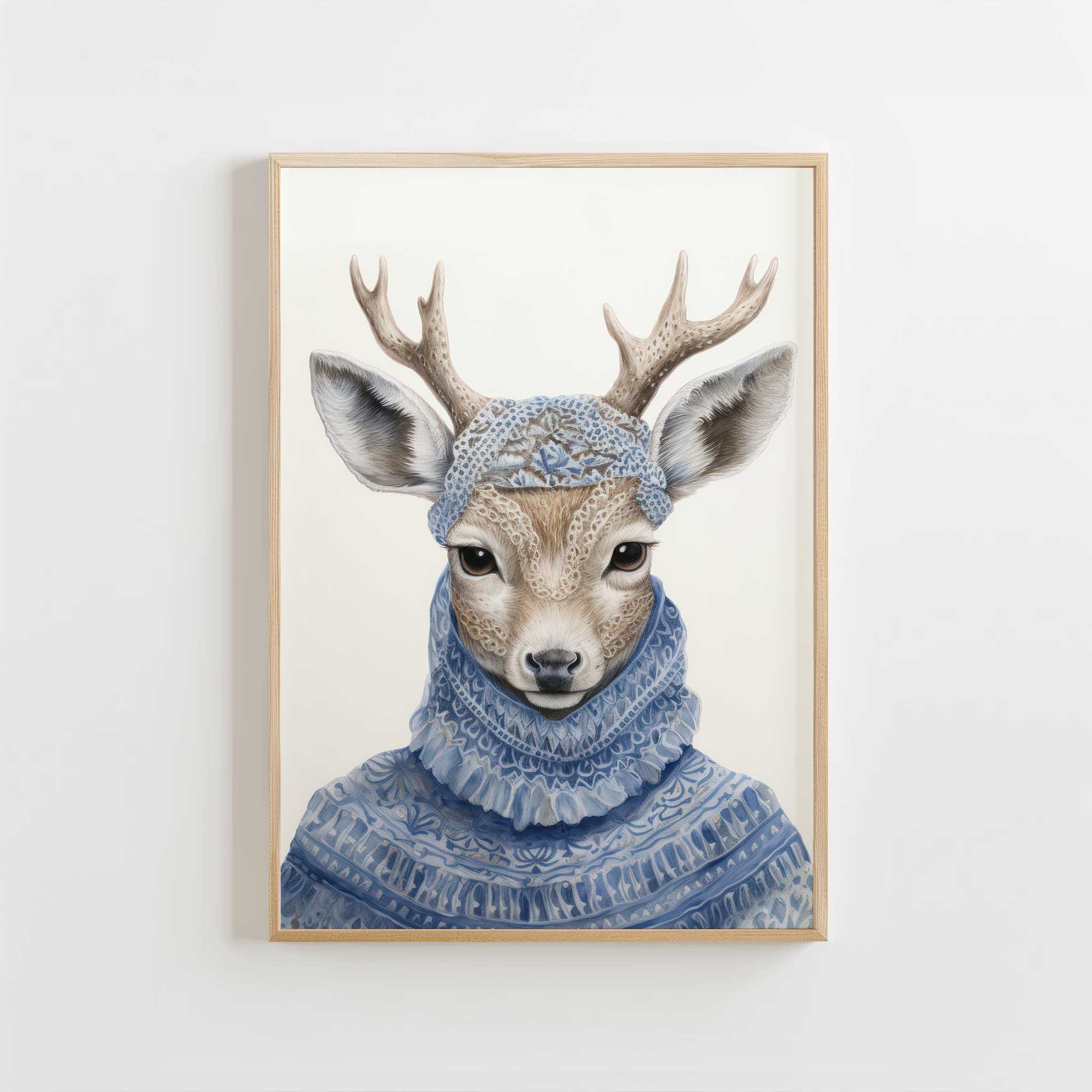 Adorable deer in blue sweater, minimalist wall art print for aesthetic kids' room decor, titled 'Deer in Blue Sweater'