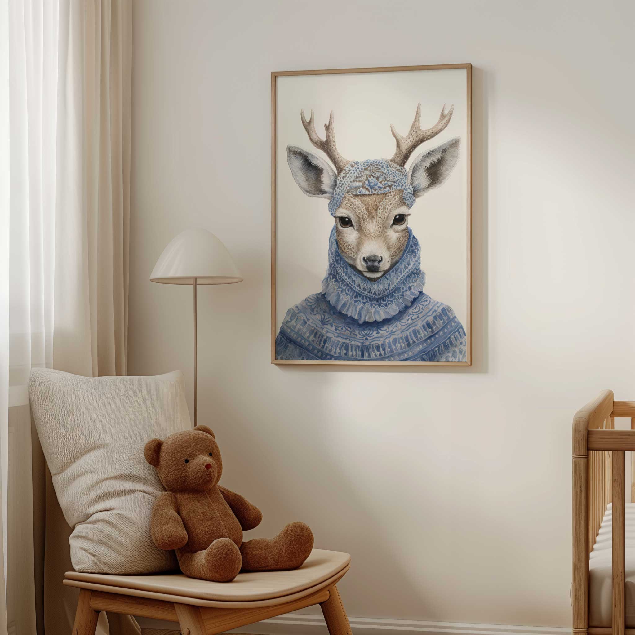 Adorable deer in blue sweater, minimalist wall art print for aesthetic kids' room decor, titled 'Deer in Blue Sweater'