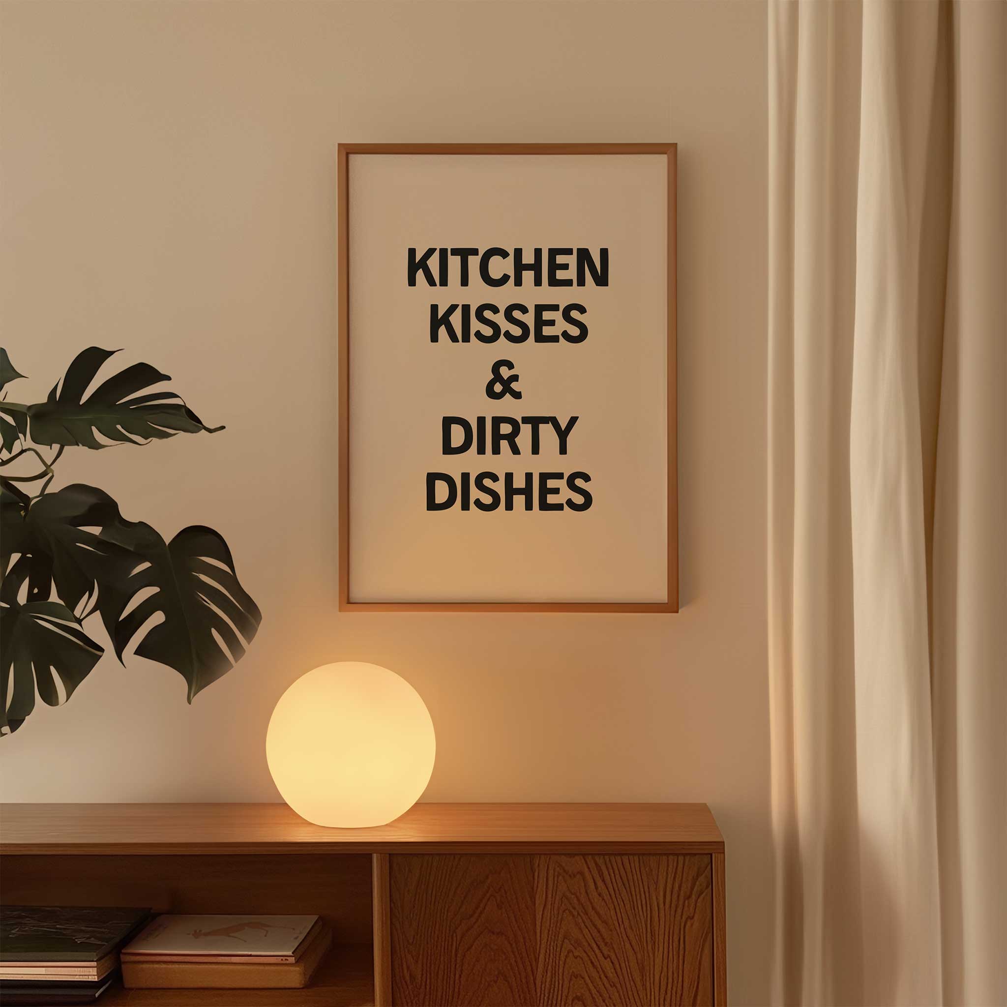 Kitchen Kisses & Dirty Dishes' cozy typography, framed wall art print for kitchen aesthetic, titled 'Kitchen Kisses & Dirty Dishes'
