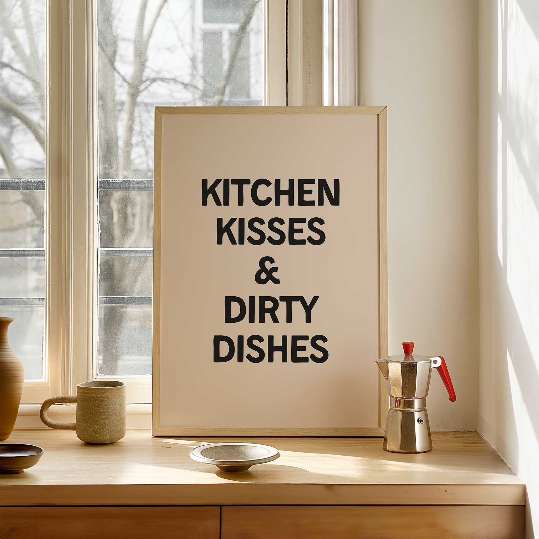 Kitchen Kisses & Dirty Dishes' cozy typography, framed wall art print for kitchen aesthetic, titled 'Kitchen Kisses & Dirty Dishes'