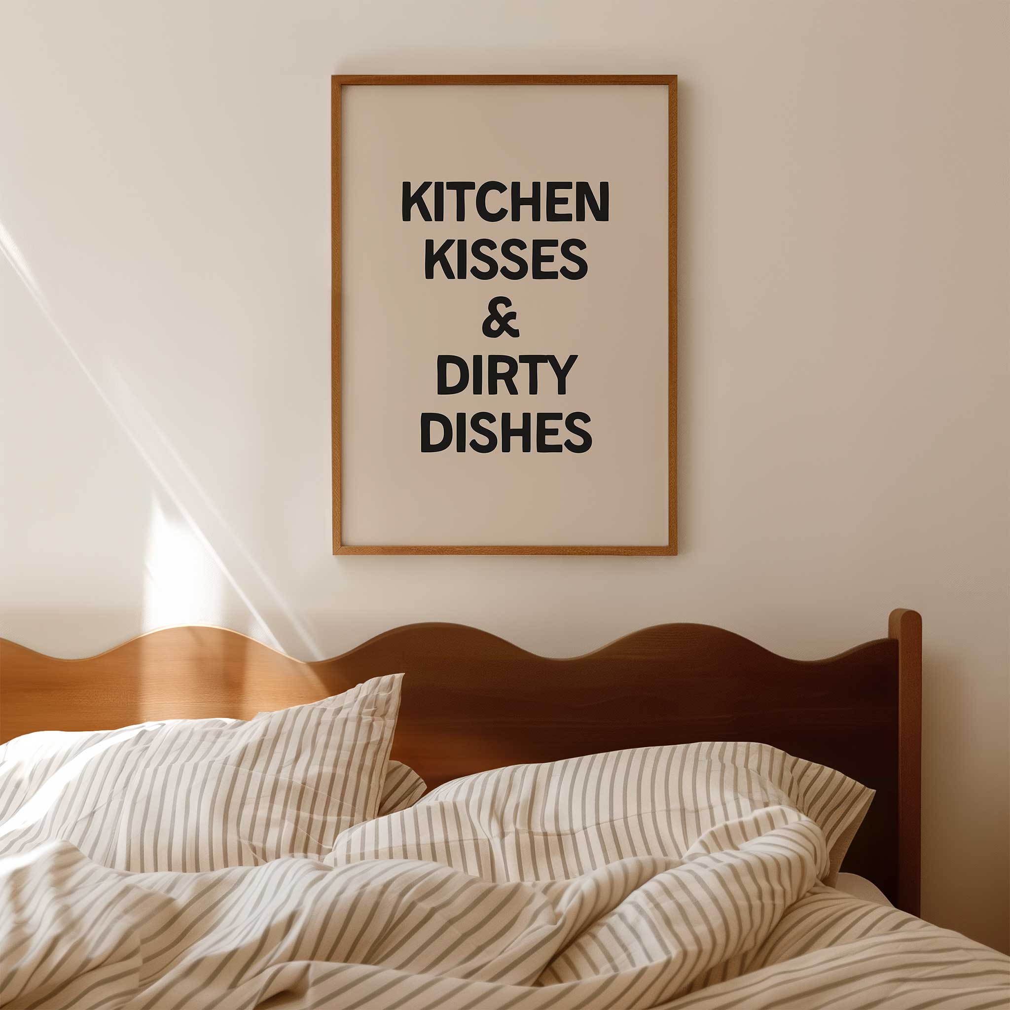 Kitchen Kisses & Dirty Dishes' cozy typography, framed wall art print for kitchen aesthetic, titled 'Kitchen Kisses & Dirty Dishes'