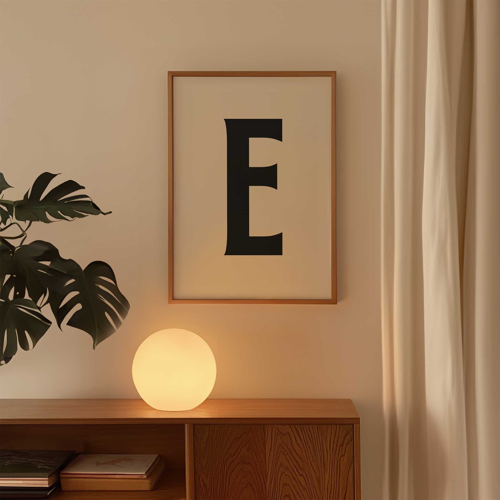 Unique letter 'E' monogram, aesthetic canvas print style for personalized walls, titled 'Modern Monogram Art Print - E'