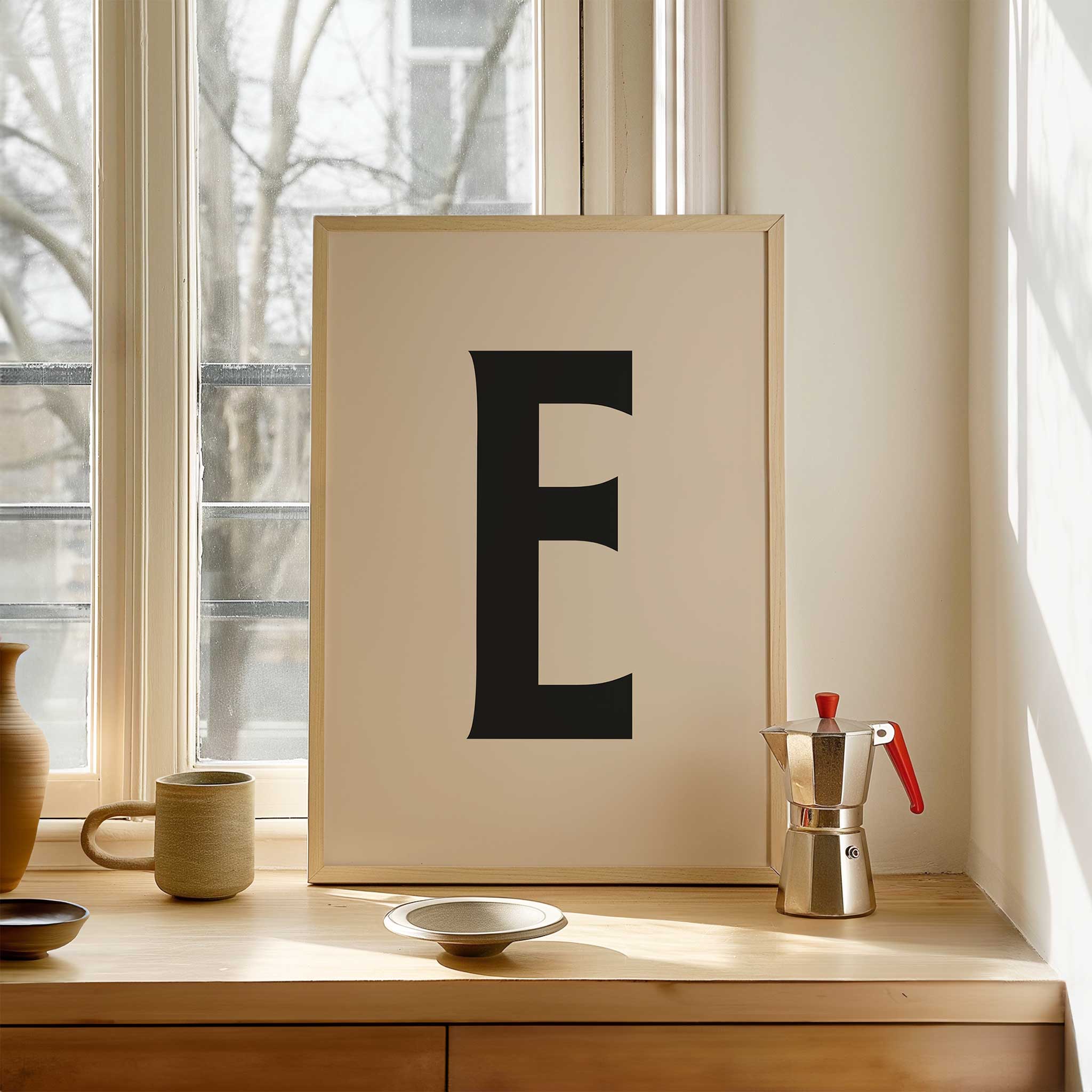 Unique letter 'E' monogram, aesthetic canvas print style for personalized walls, titled 'Modern Monogram Art Print - E'
