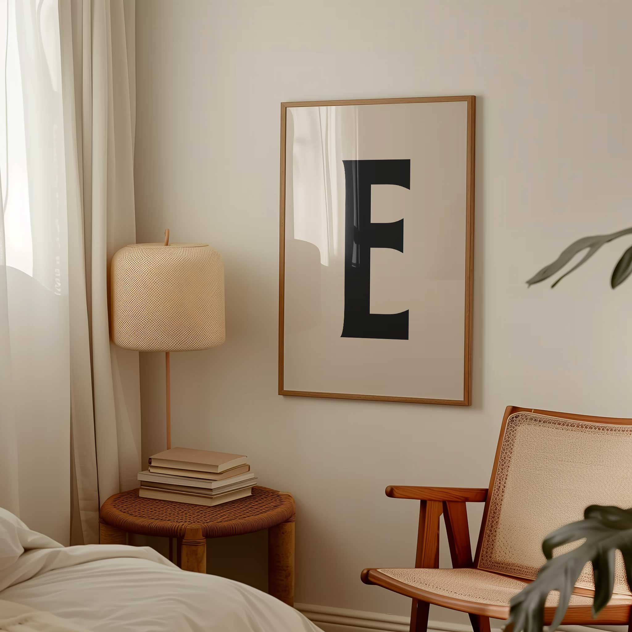 Unique letter 'E' monogram, aesthetic canvas print style for personalized walls, titled 'Modern Monogram Art Print - E'