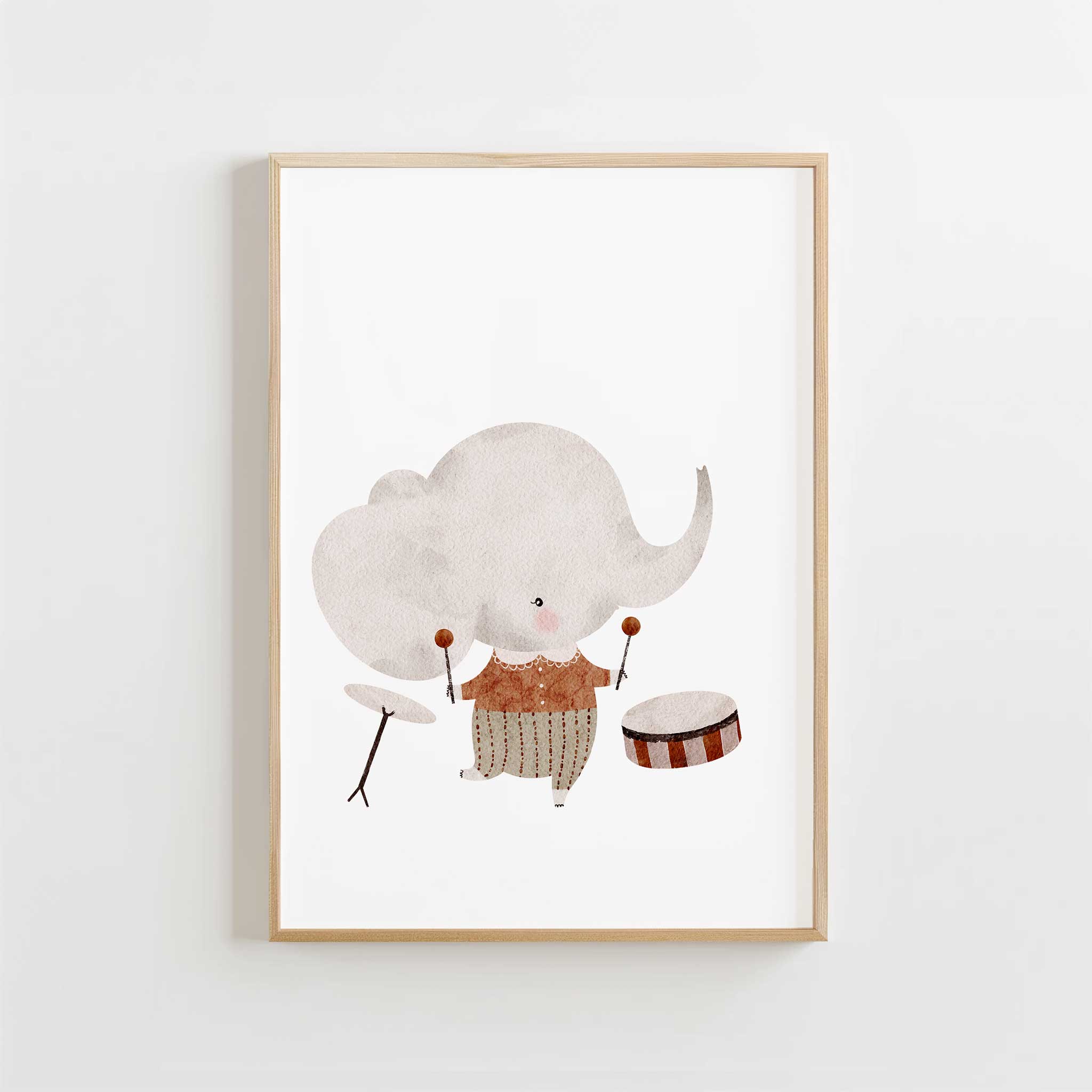 Playful elephant drummer illustration, framed wall art print for kids and music lovers, titled 'Elephant Drummer'