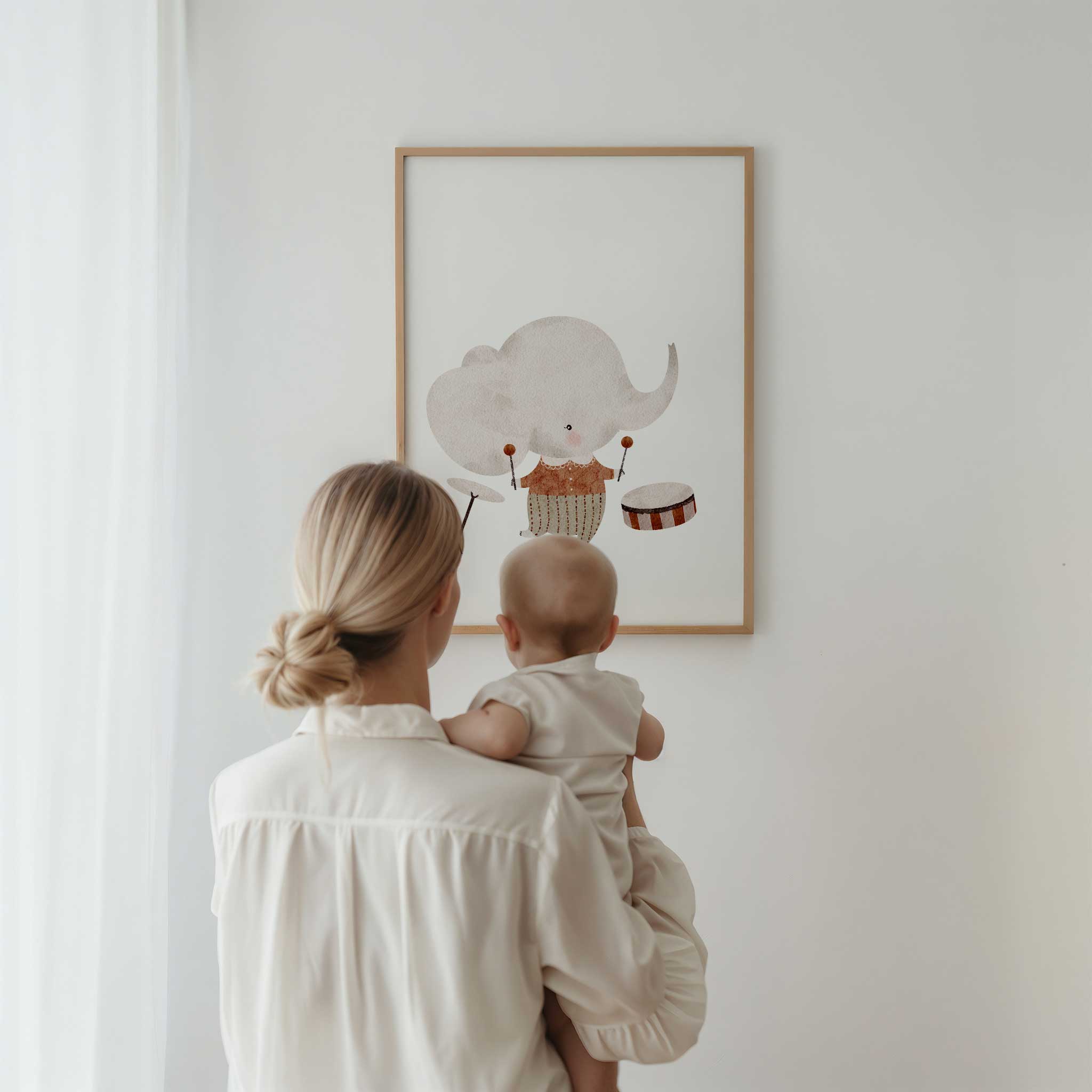 Playful elephant drummer illustration, framed wall art print for kids and music lovers, titled 'Elephant Drummer'