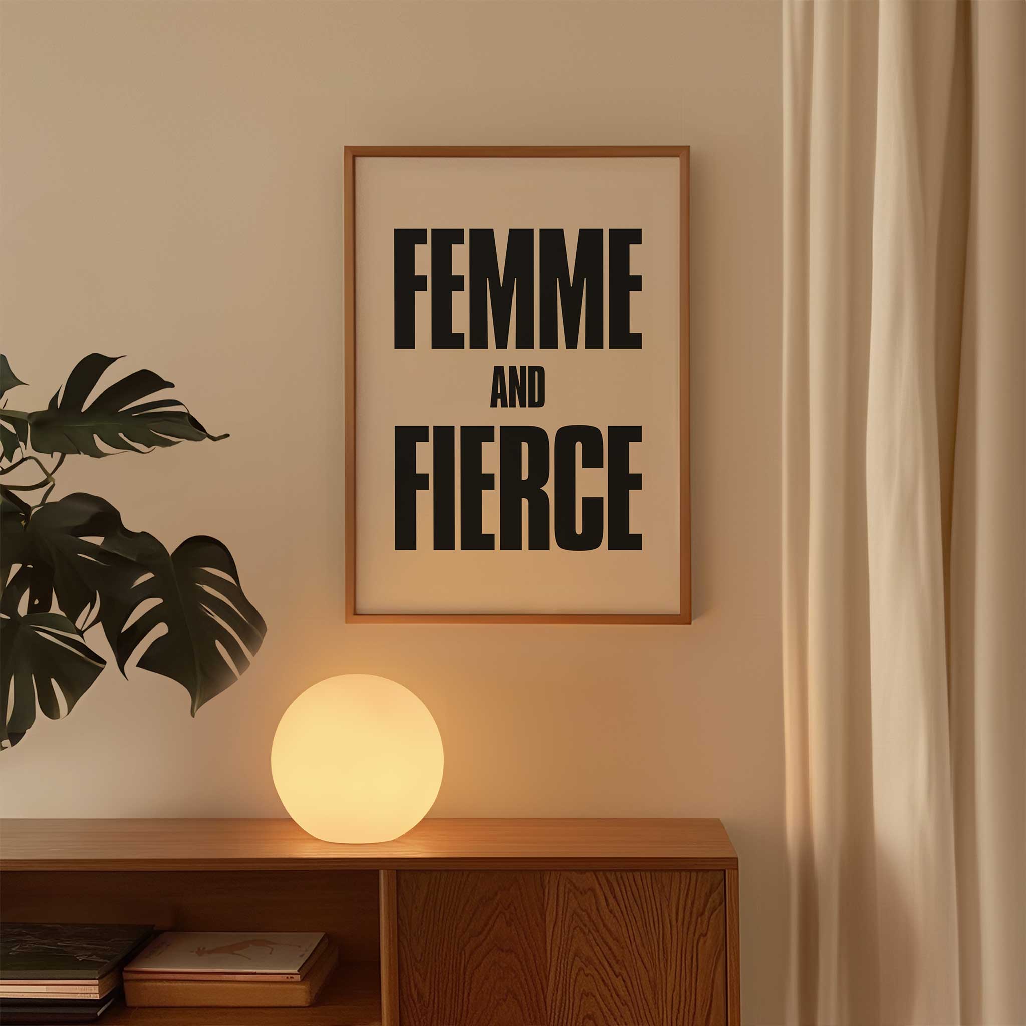 Femme and Fierce' confident typography, aesthetic canvas print style for empowering decor, titled 'Femme and Fierce'