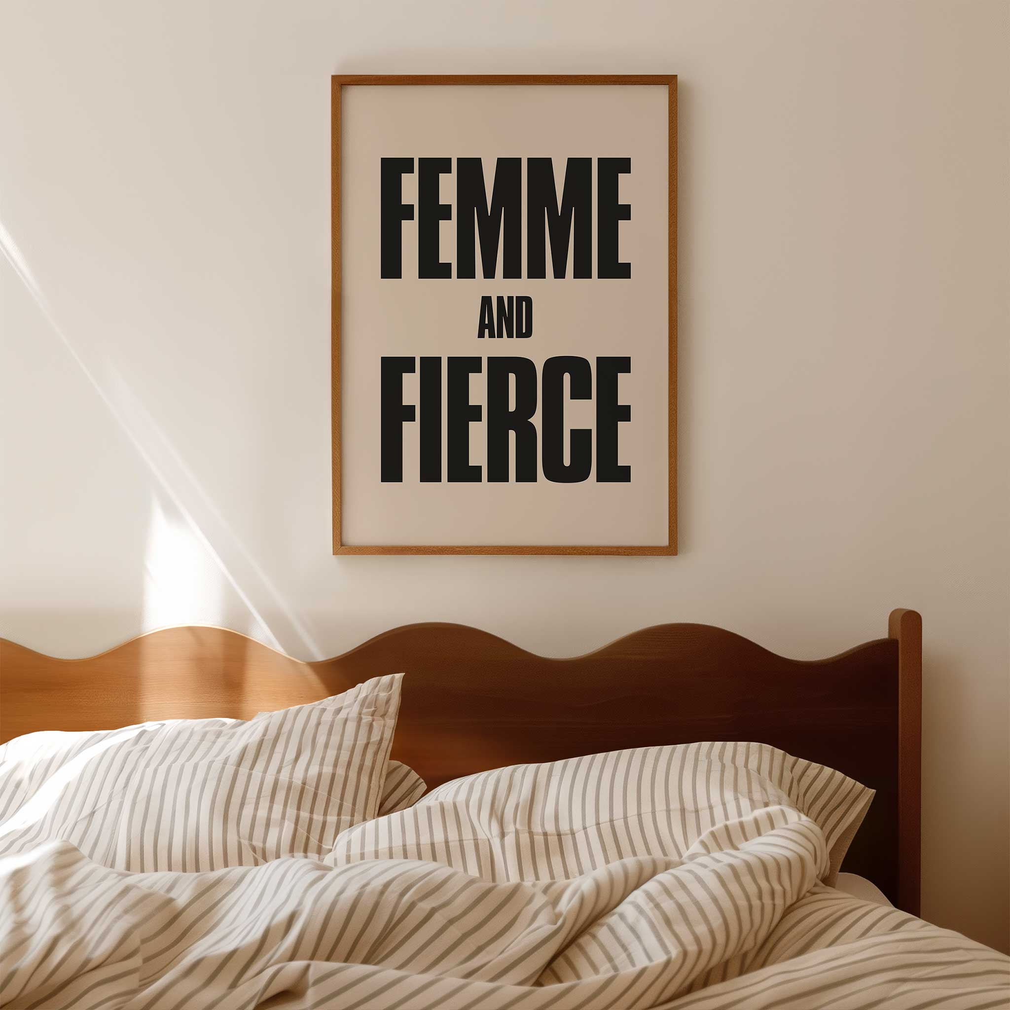Femme and Fierce' confident typography, aesthetic canvas print style for empowering decor, titled 'Femme and Fierce'