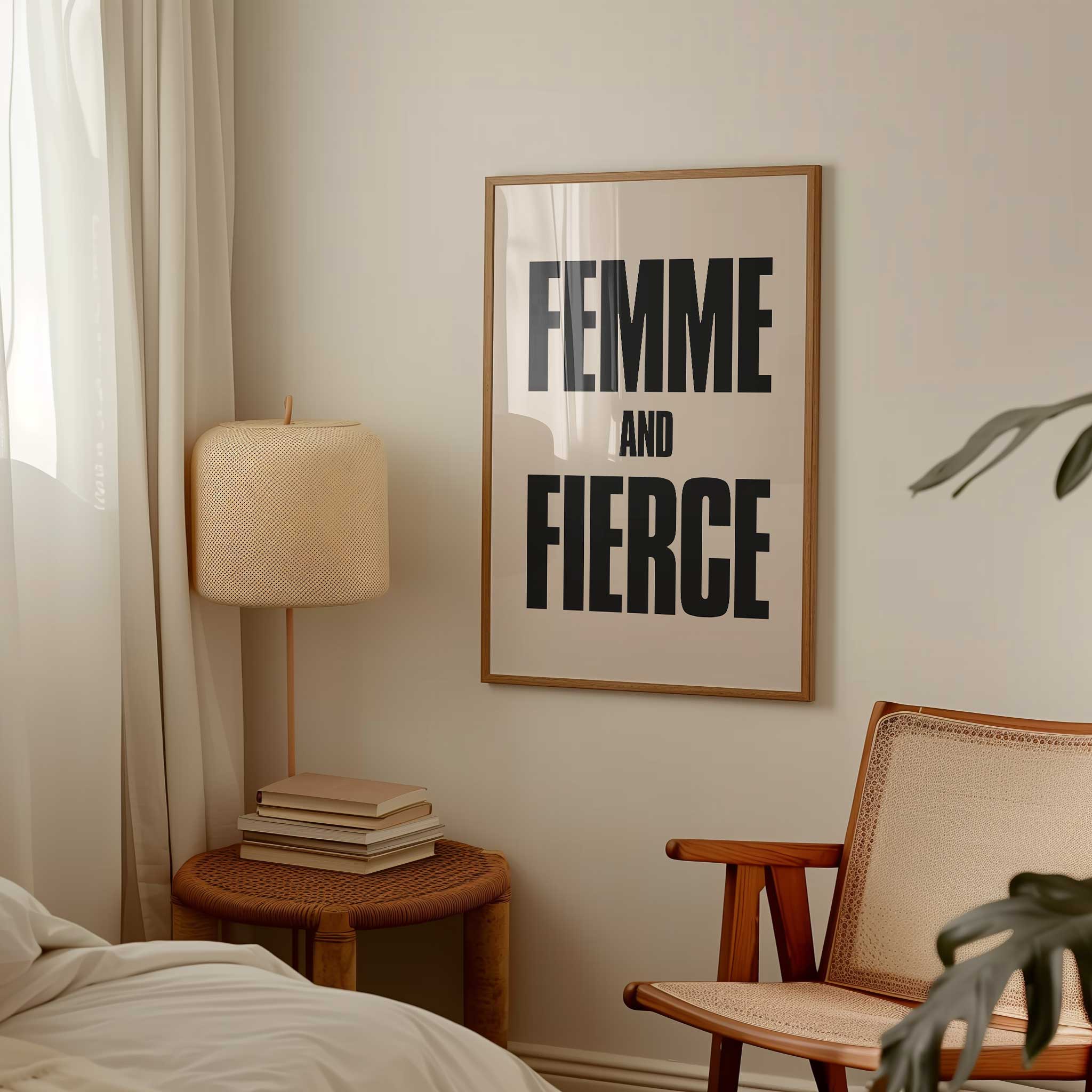 Femme and Fierce' confident typography, aesthetic canvas print style for empowering decor, titled 'Femme and Fierce'