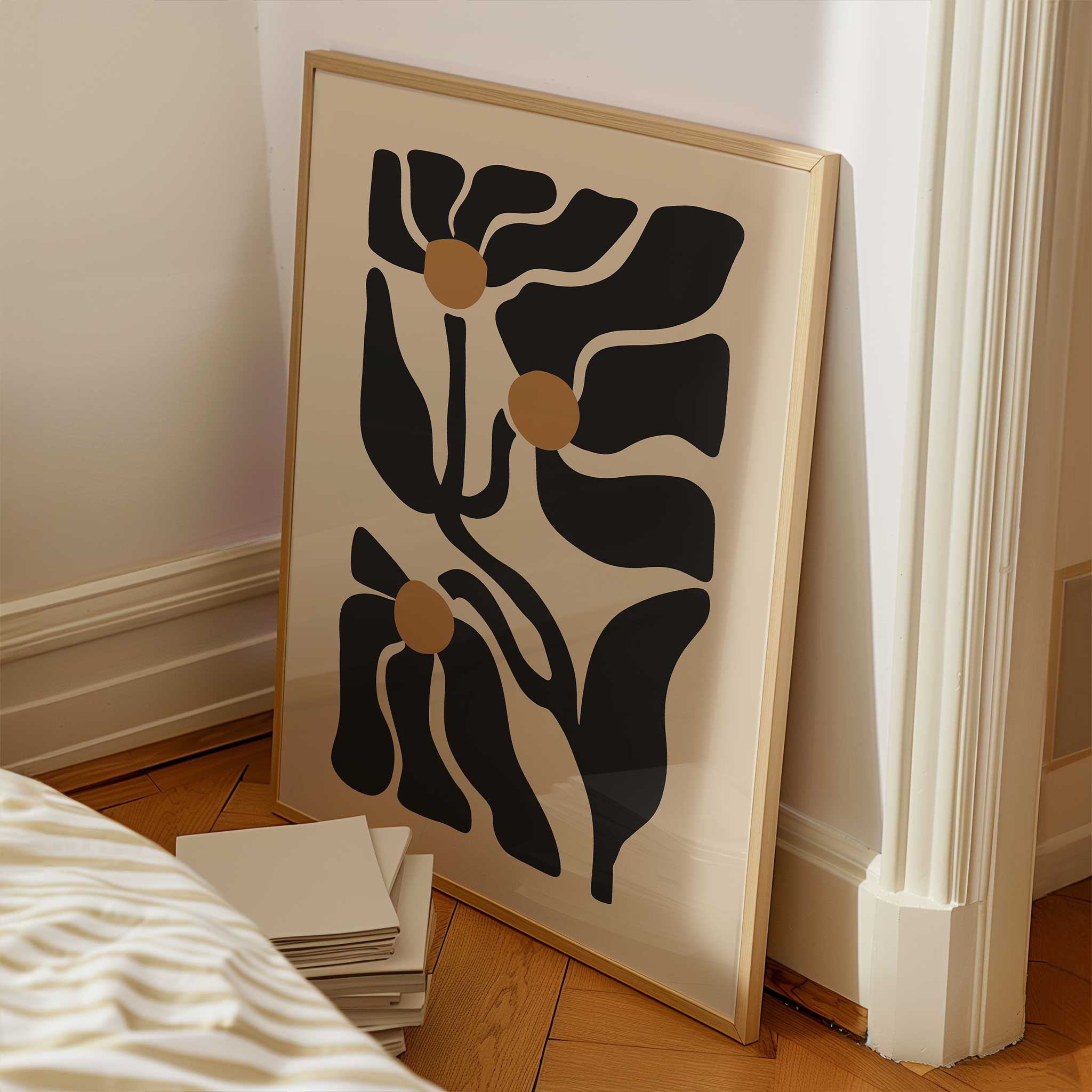 Abstract modern botanical art featuring a trio of wildflowers, ideal as minimalist wall art for the living room.