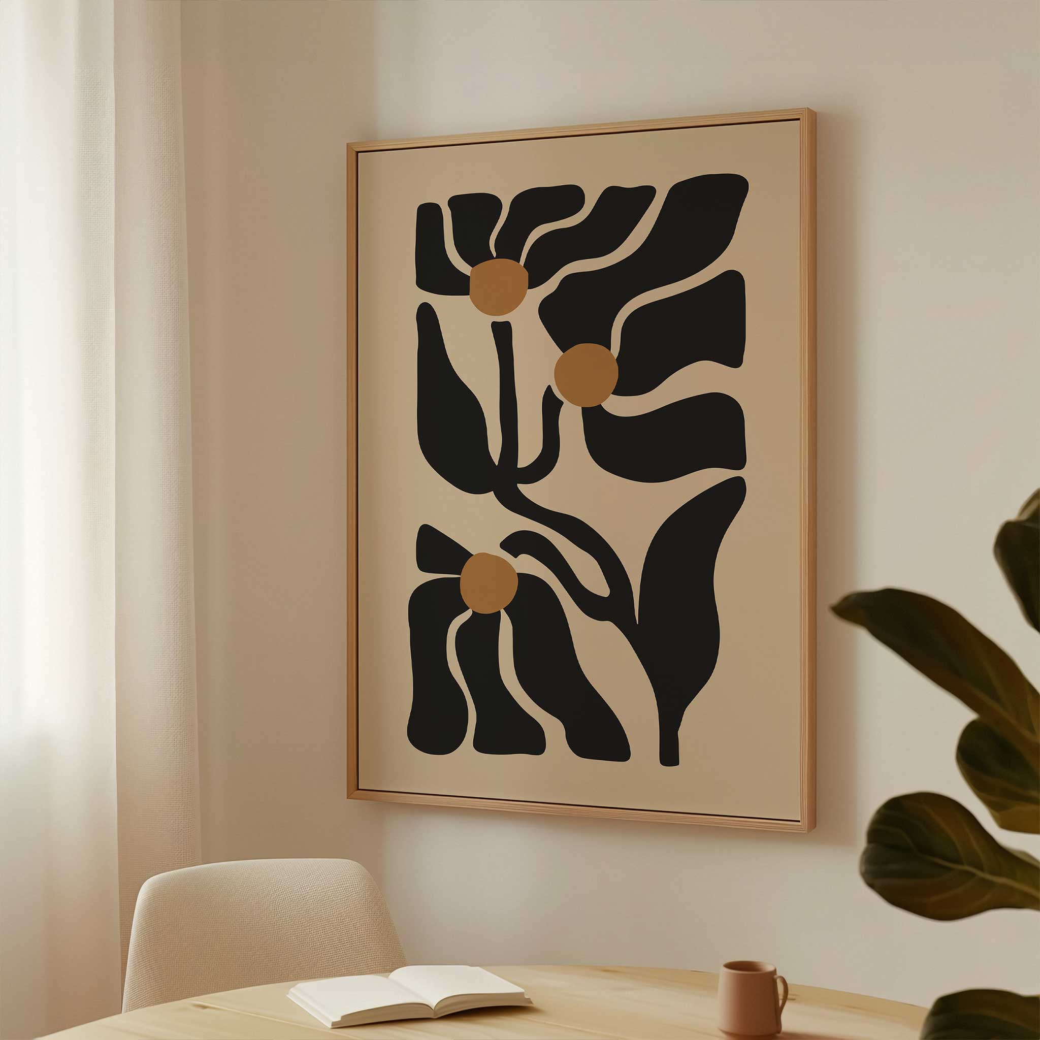 Abstract modern botanical art featuring a trio of wildflowers, ideal as minimalist wall art for the living room.