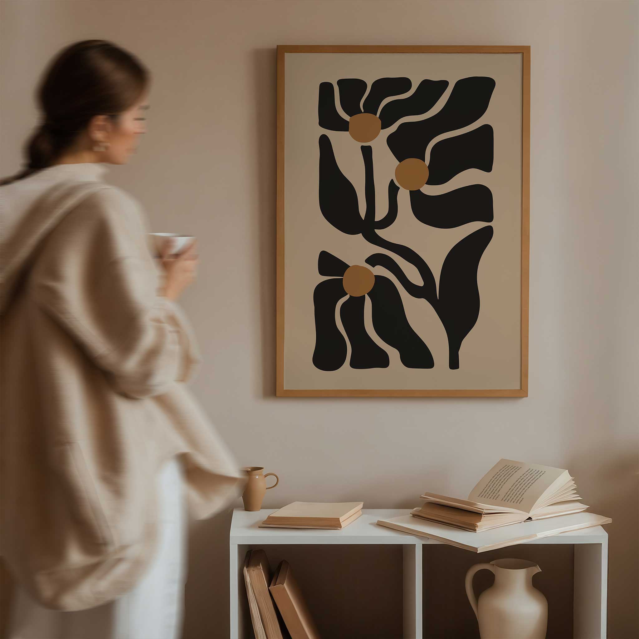Abstract modern botanical art featuring a trio of wildflowers, ideal as minimalist wall art for the living room.