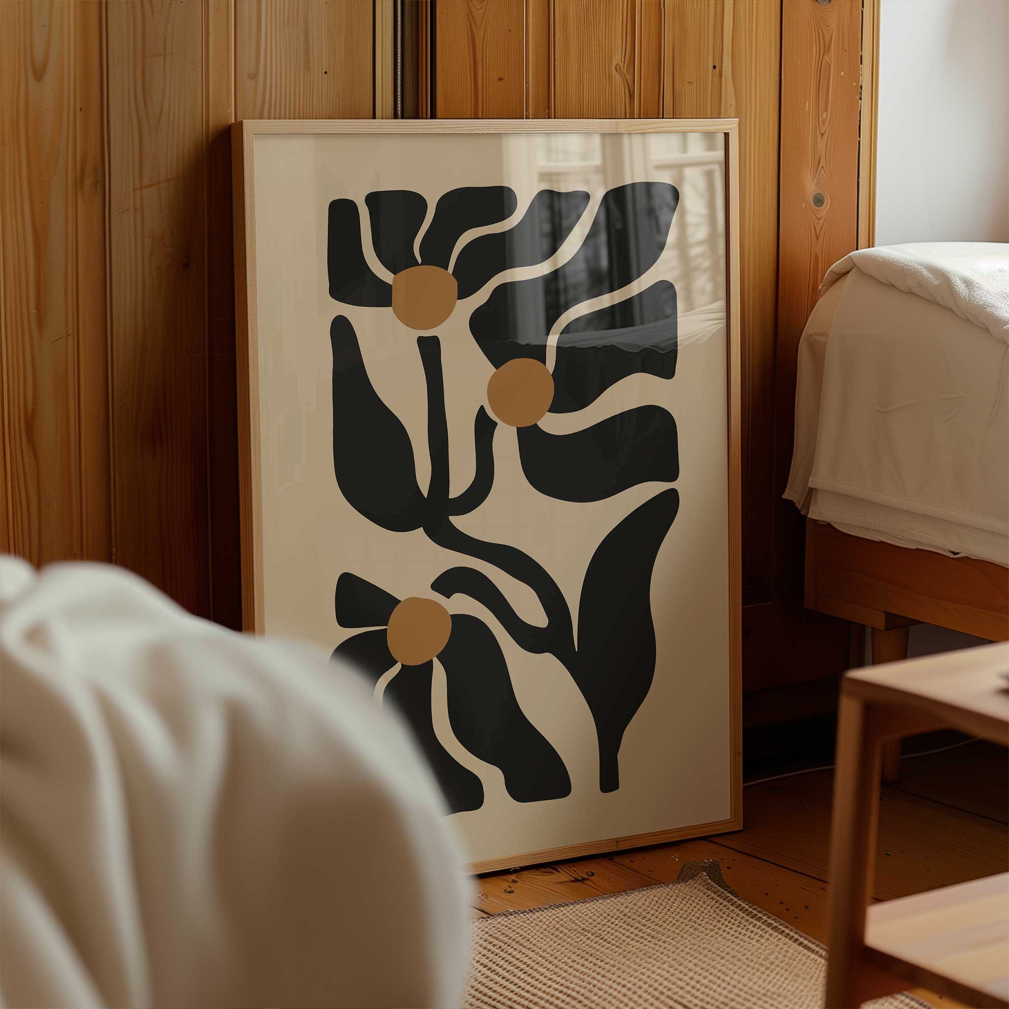 Abstract modern botanical art featuring a trio of wildflowers, ideal as minimalist wall art for the living room.