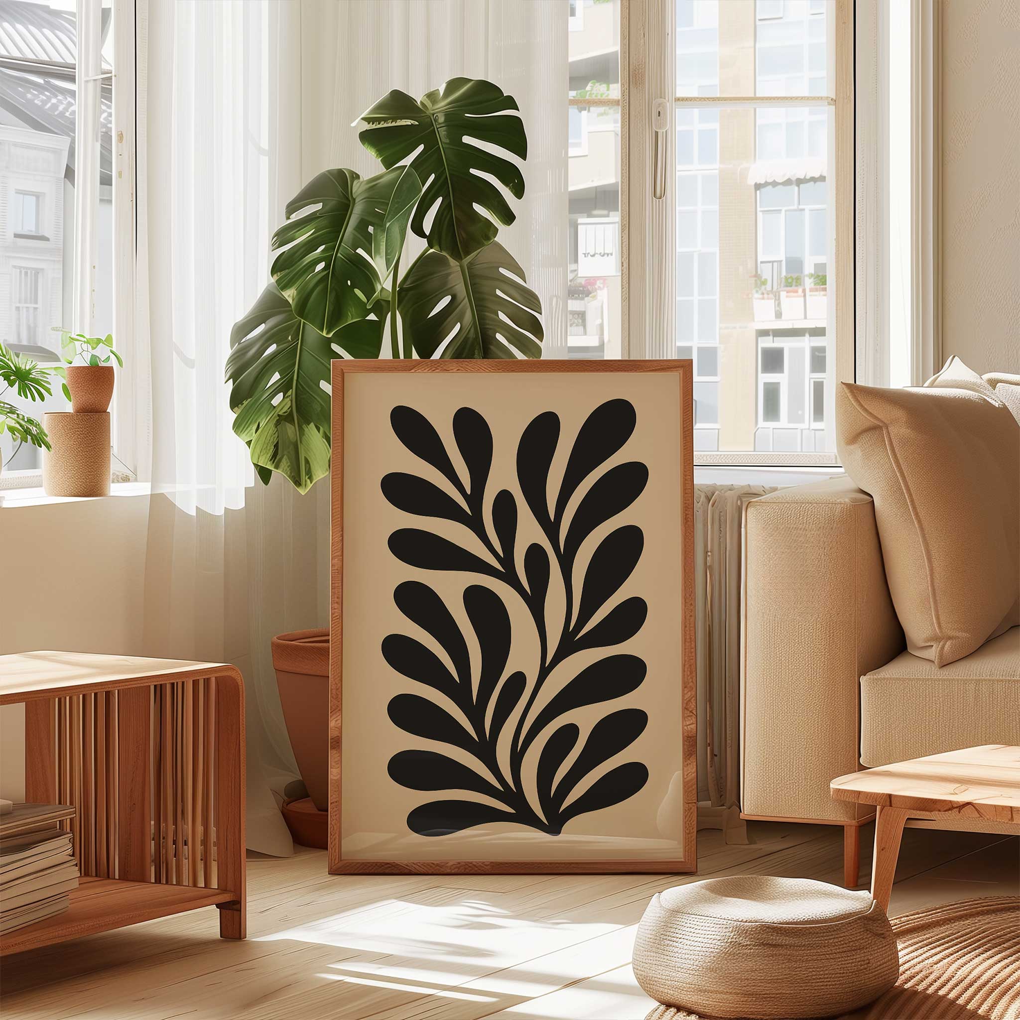 Modern botanical silhouette art of a graceful flowing leaf, a minimalist print titled 'Shadowleaf Flow'.