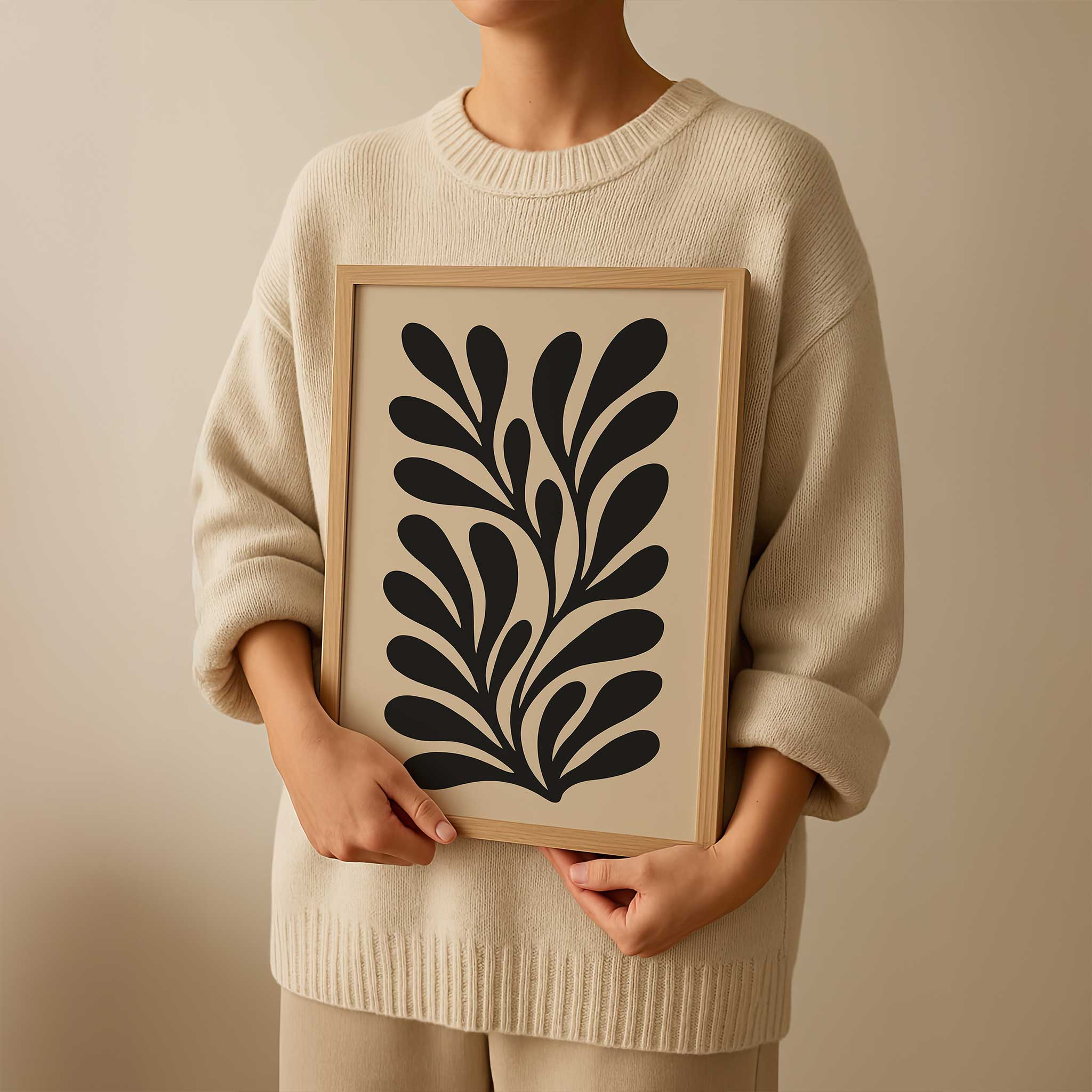 Modern botanical silhouette art of a graceful flowing leaf, a minimalist print titled 'Shadowleaf Flow'.