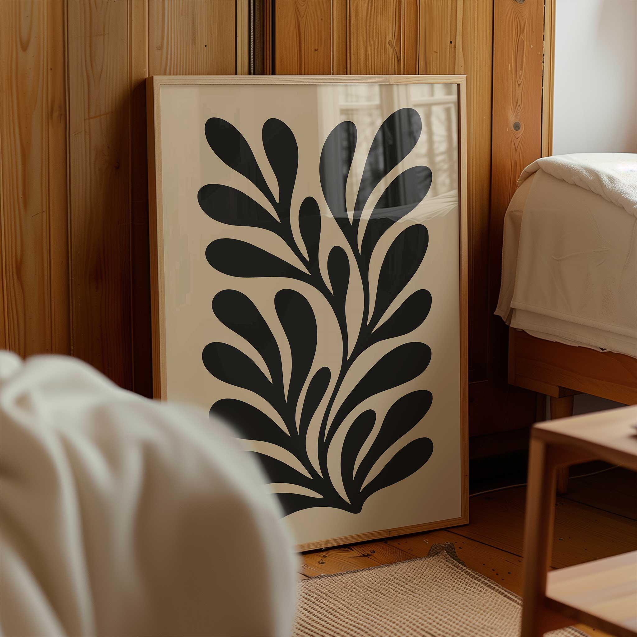 Modern botanical silhouette art of a graceful flowing leaf, a minimalist print titled 'Shadowleaf Flow'.