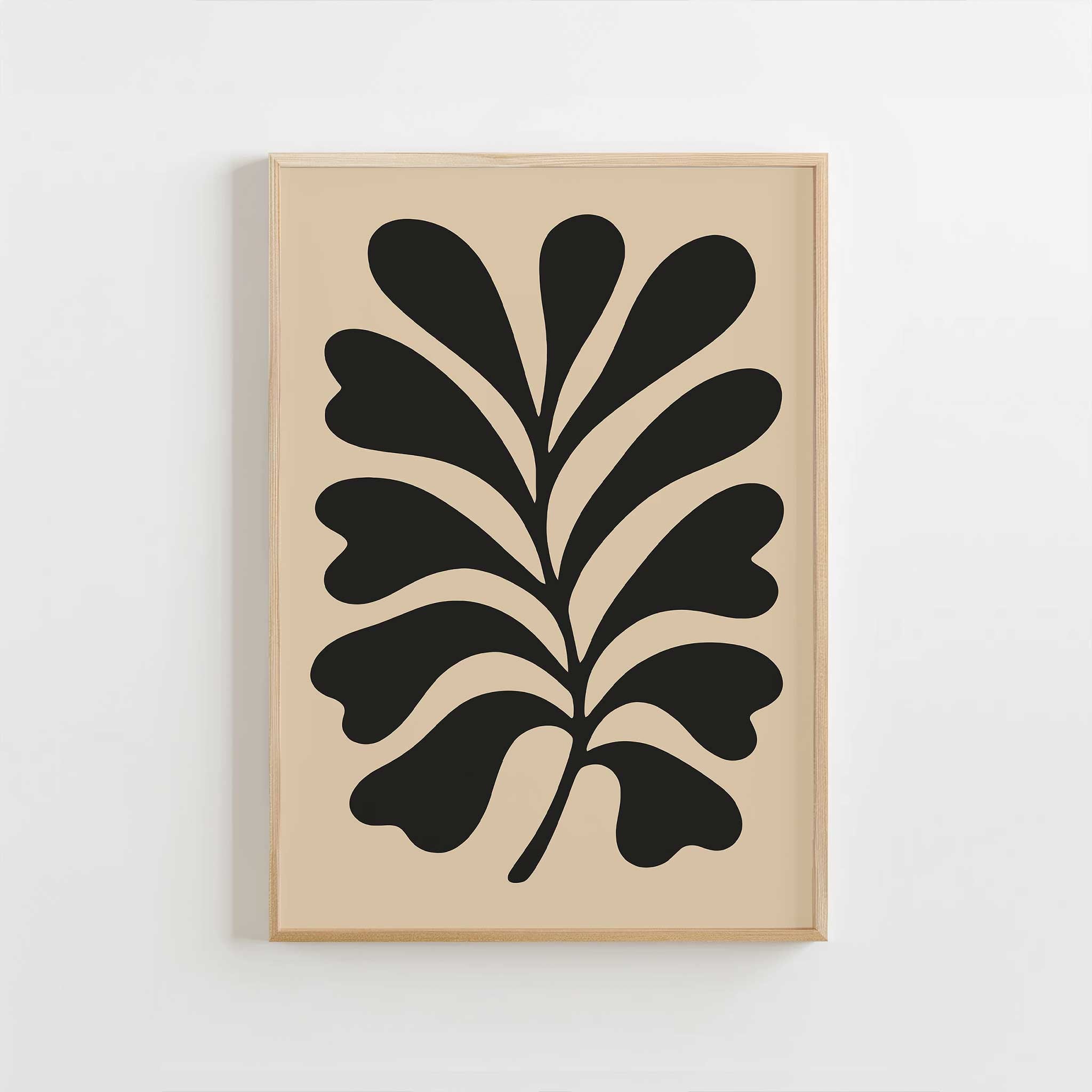 A bold, minimalist silhouette print of an oak leaf, calming modern wall art titled 'Bold Oak'.