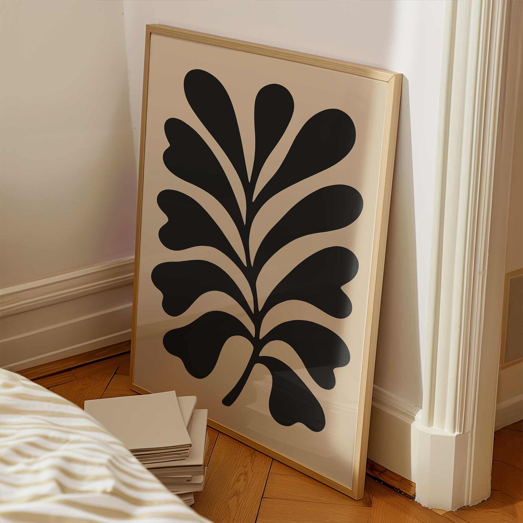 A bold, minimalist silhouette print of an oak leaf, calming modern wall art titled 'Bold Oak'.