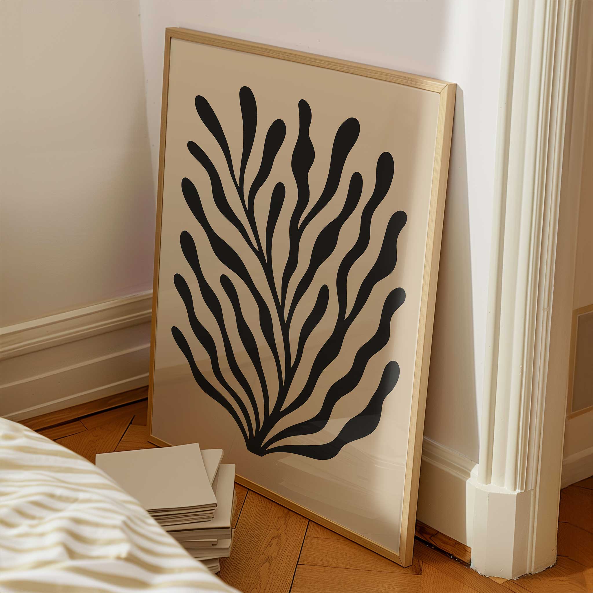 Abstract botanical art with flowing, wavy lines suggesting movement, an aesthetic print titled 'Waves of Wild'.