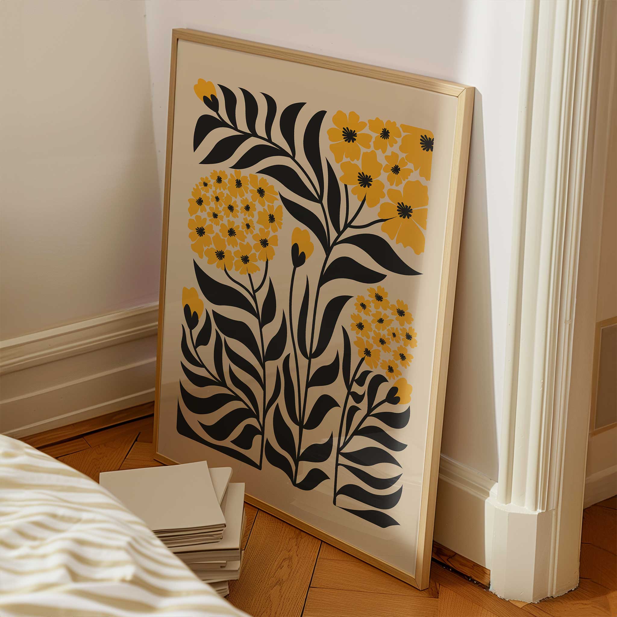 Vibrant floral art print of a golden yellow bloom, modern botanical decor titled 'Golden Bloom'.