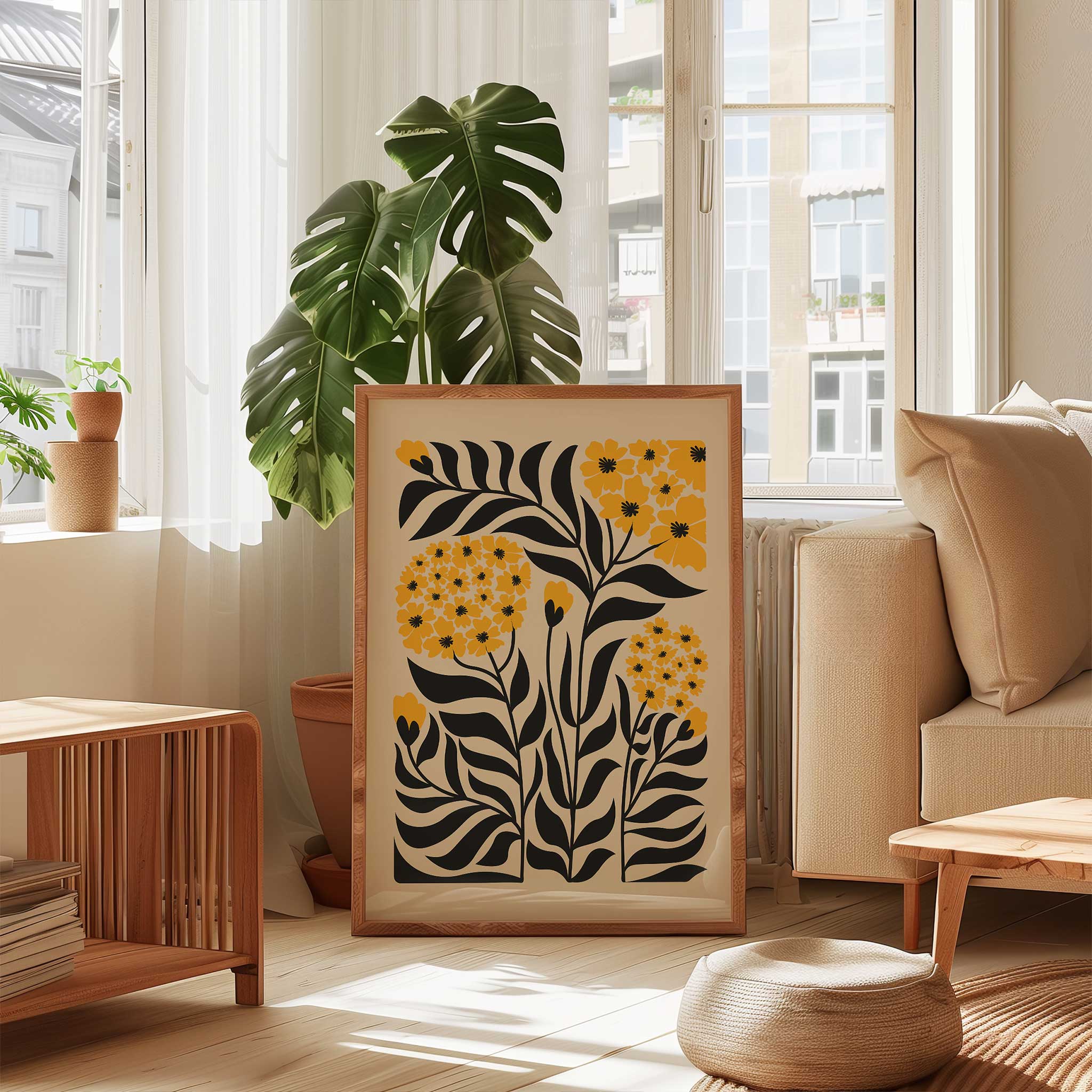 Vibrant floral art print of a golden yellow bloom, modern botanical decor titled 'Golden Bloom'.