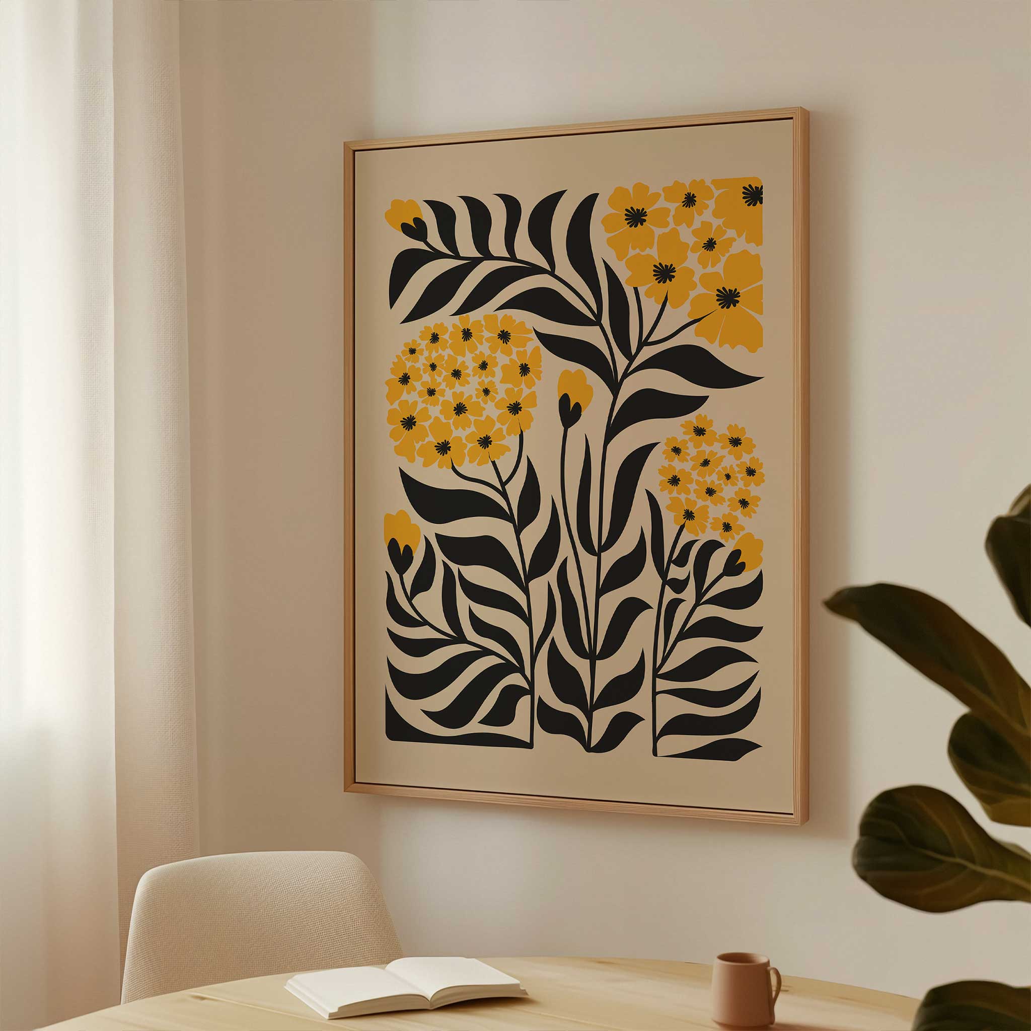 Vibrant floral art print of a golden yellow bloom, modern botanical decor titled 'Golden Bloom'.