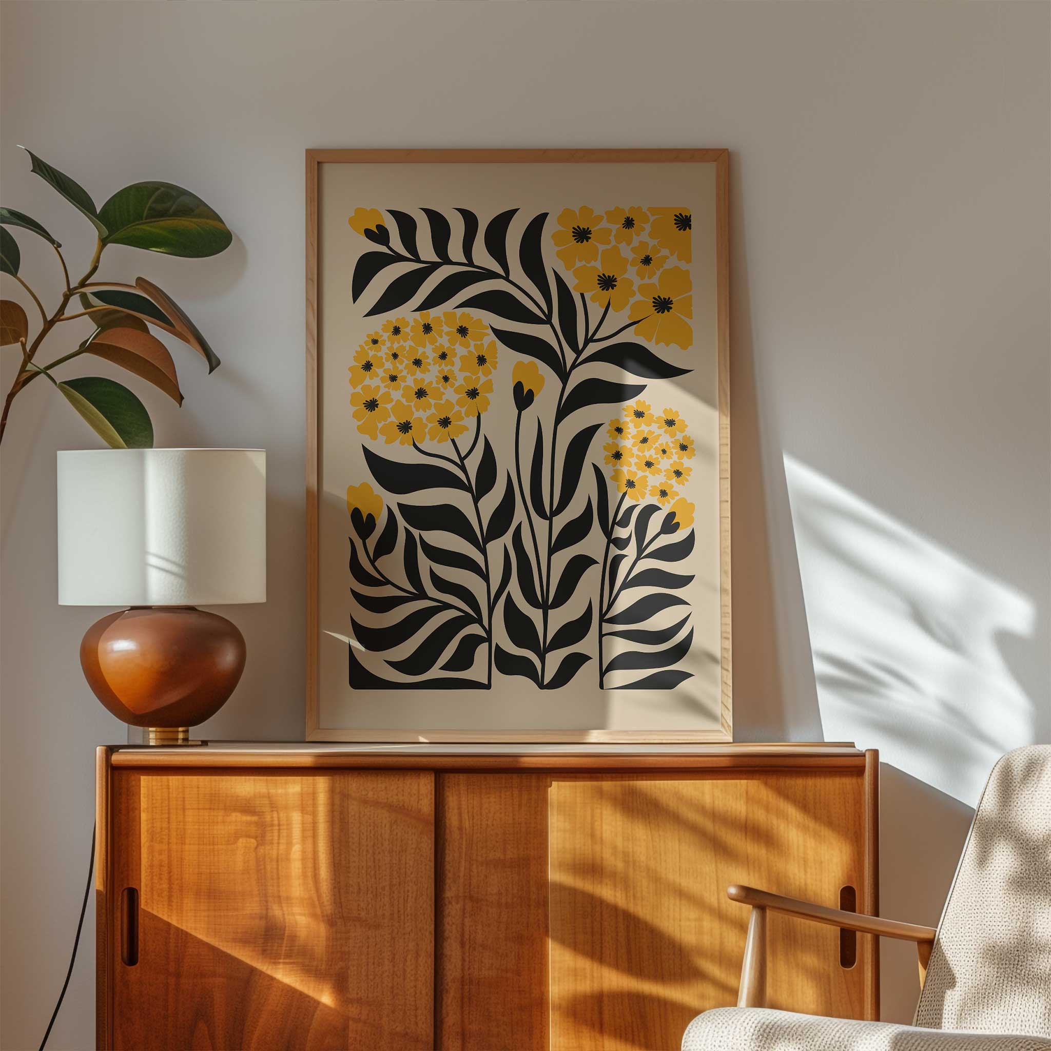 Vibrant floral art print of a golden yellow bloom, modern botanical decor titled 'Golden Bloom'.