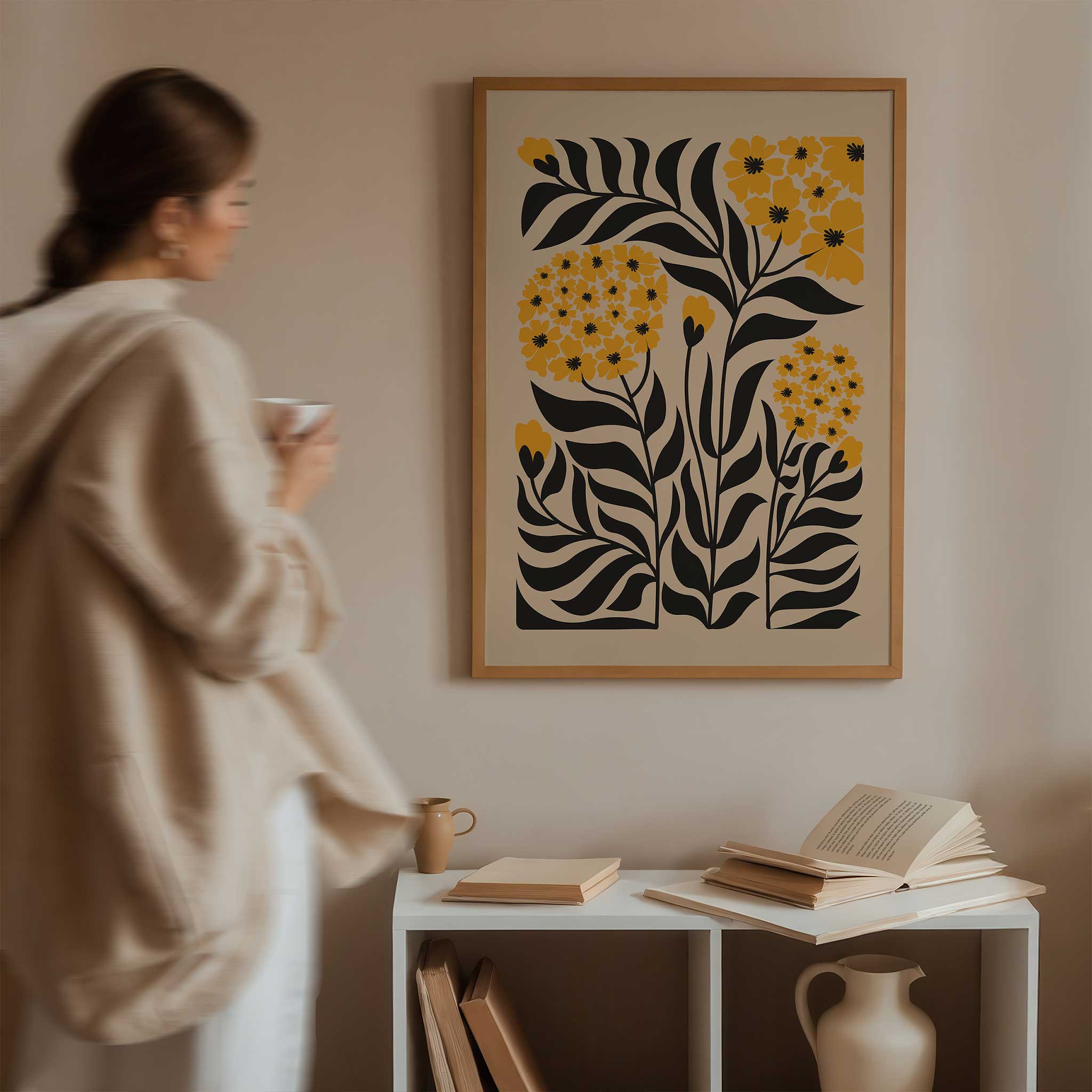 Vibrant floral art print of a golden yellow bloom, modern botanical decor titled 'Golden Bloom'.