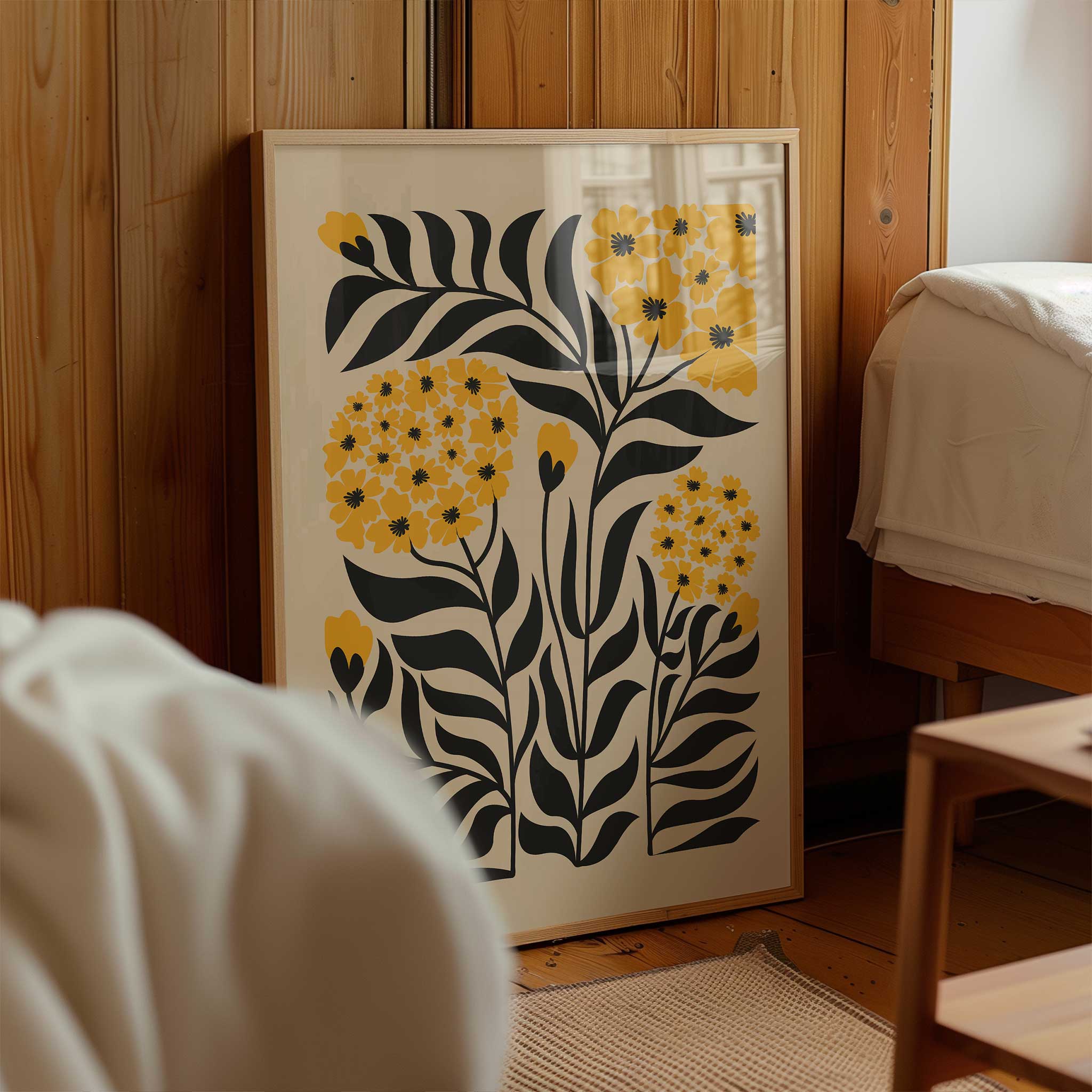 Vibrant floral art print of a golden yellow bloom, modern botanical decor titled 'Golden Bloom'.