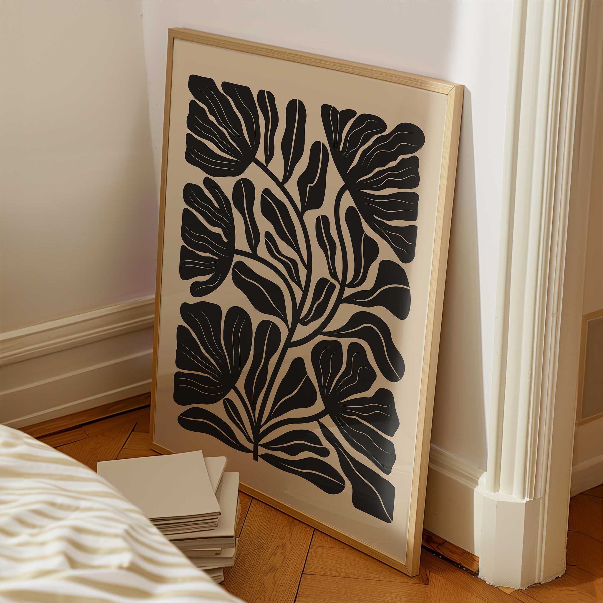 A soft, flowing floral silhouette in a minimalist style, serene art print titled 'Petal Drift'.