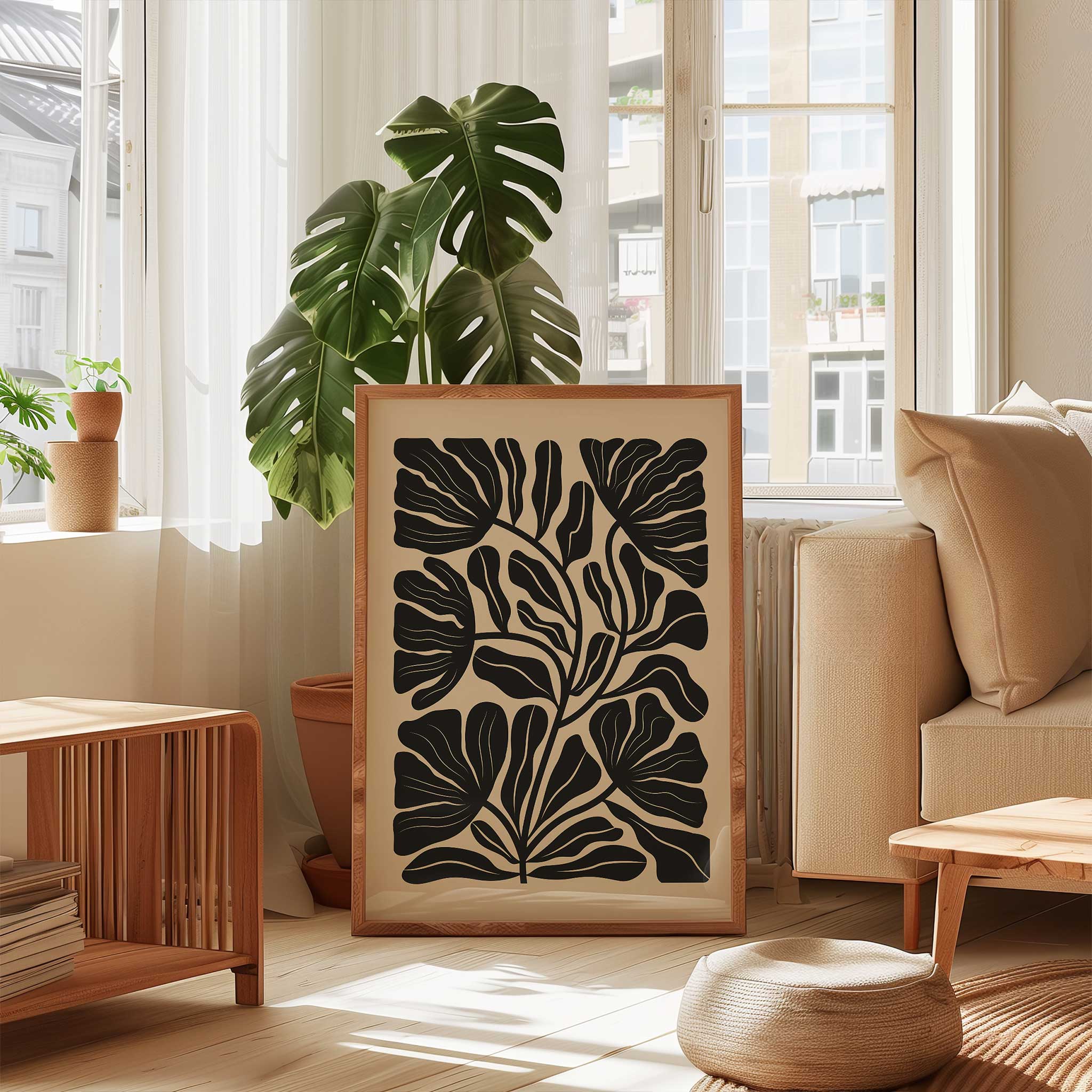 A soft, flowing floral silhouette in a minimalist style, serene art print titled 'Petal Drift'.