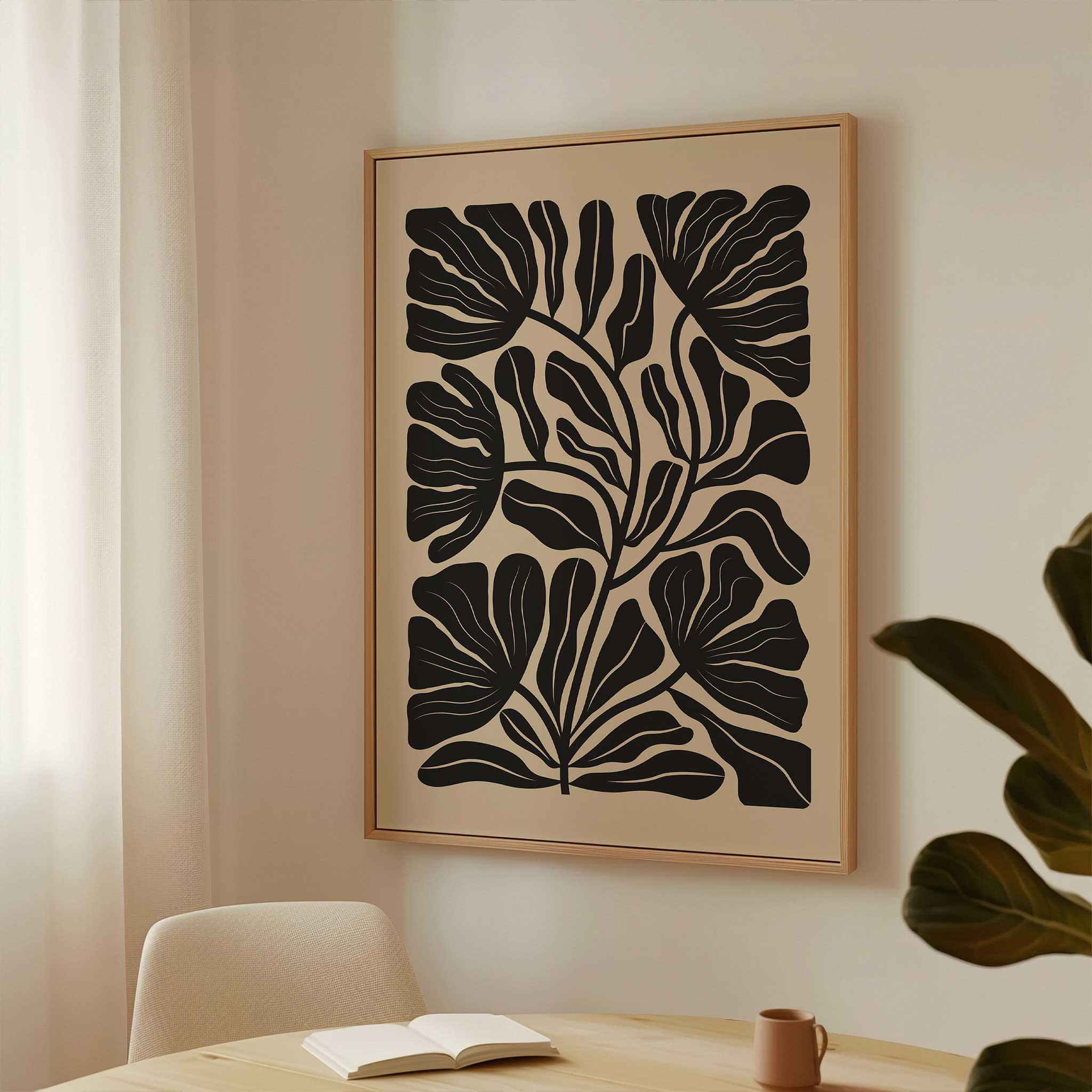 A soft, flowing floral silhouette in a minimalist style, serene art print titled 'Petal Drift'.