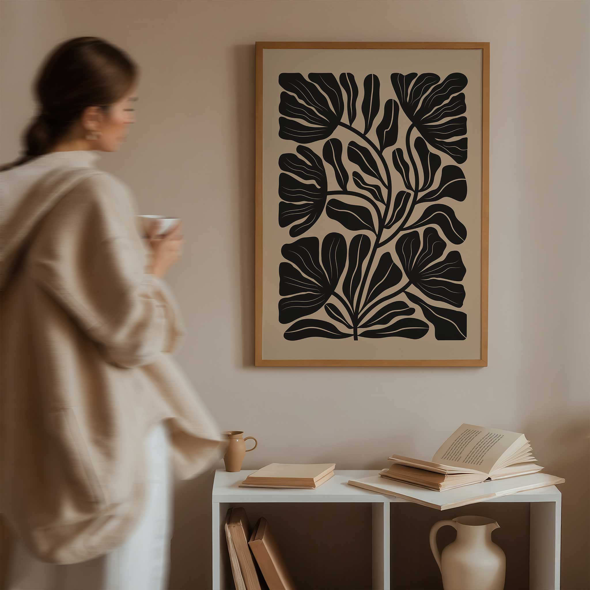 A soft, flowing floral silhouette in a minimalist style, serene art print titled 'Petal Drift'.