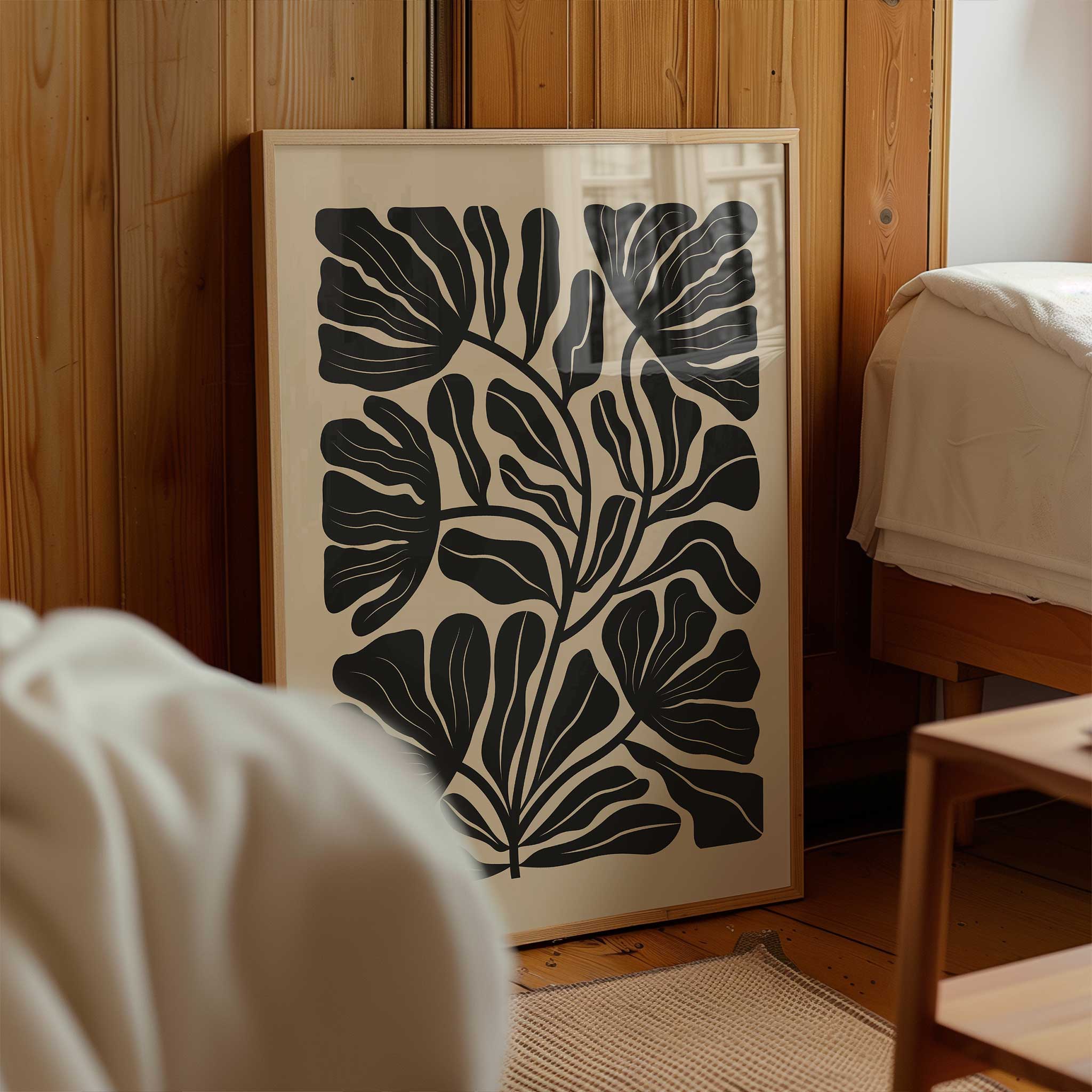 A soft, flowing floral silhouette in a minimalist style, serene art print titled 'Petal Drift'.