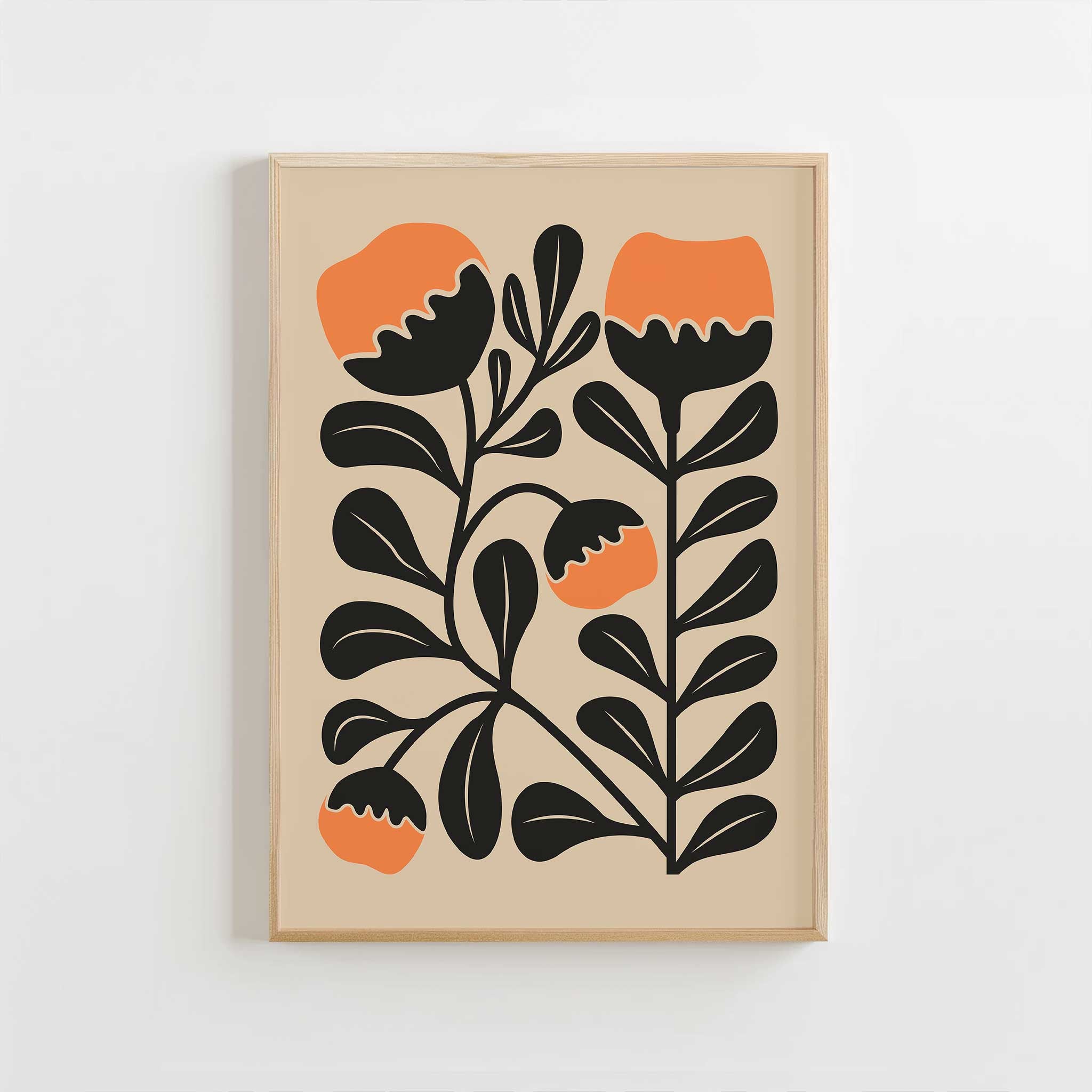 Playful modern floral art with vibrant orange clementine-inspired blooms and abstract shapes.