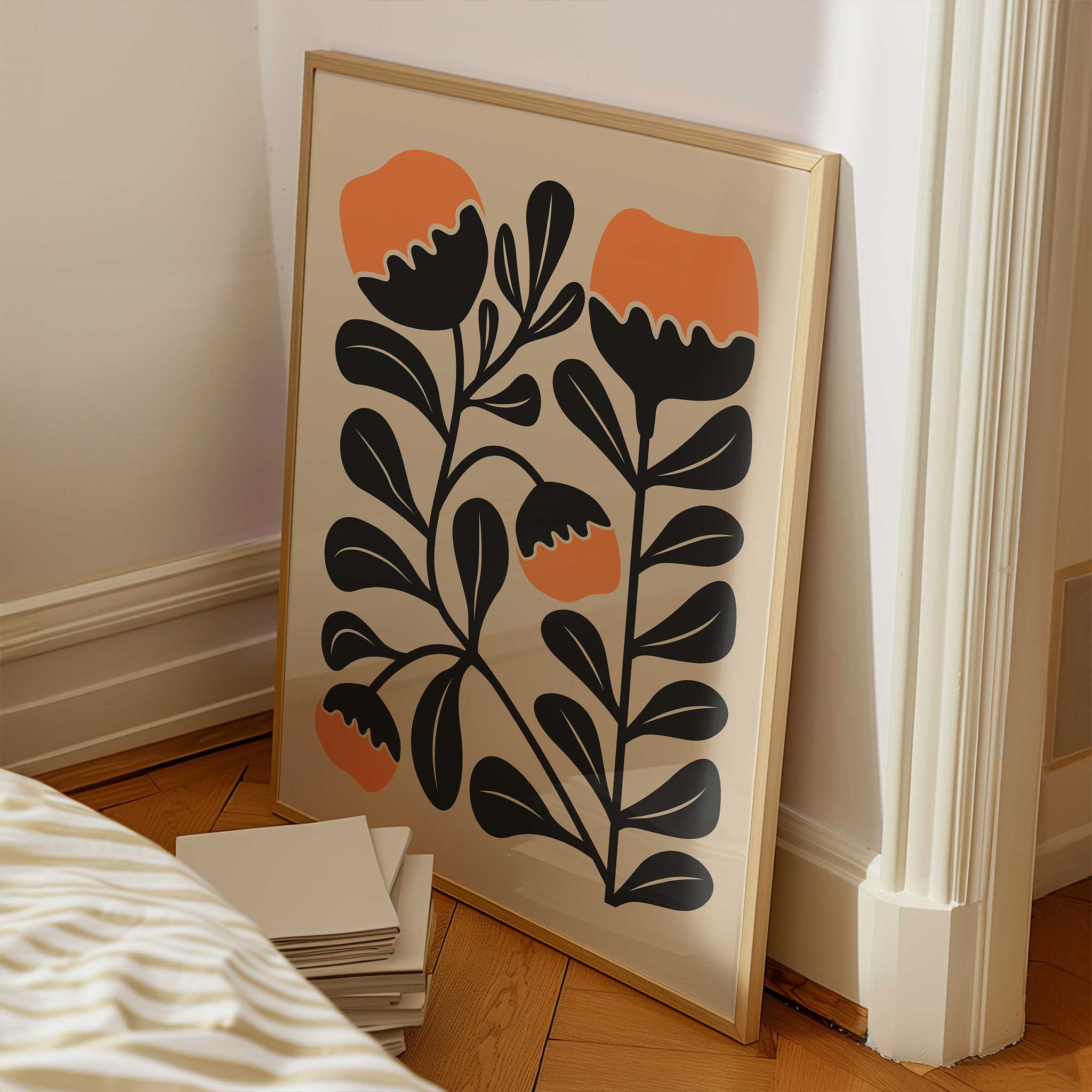 Playful modern floral art with vibrant orange clementine-inspired blooms and abstract shapes.