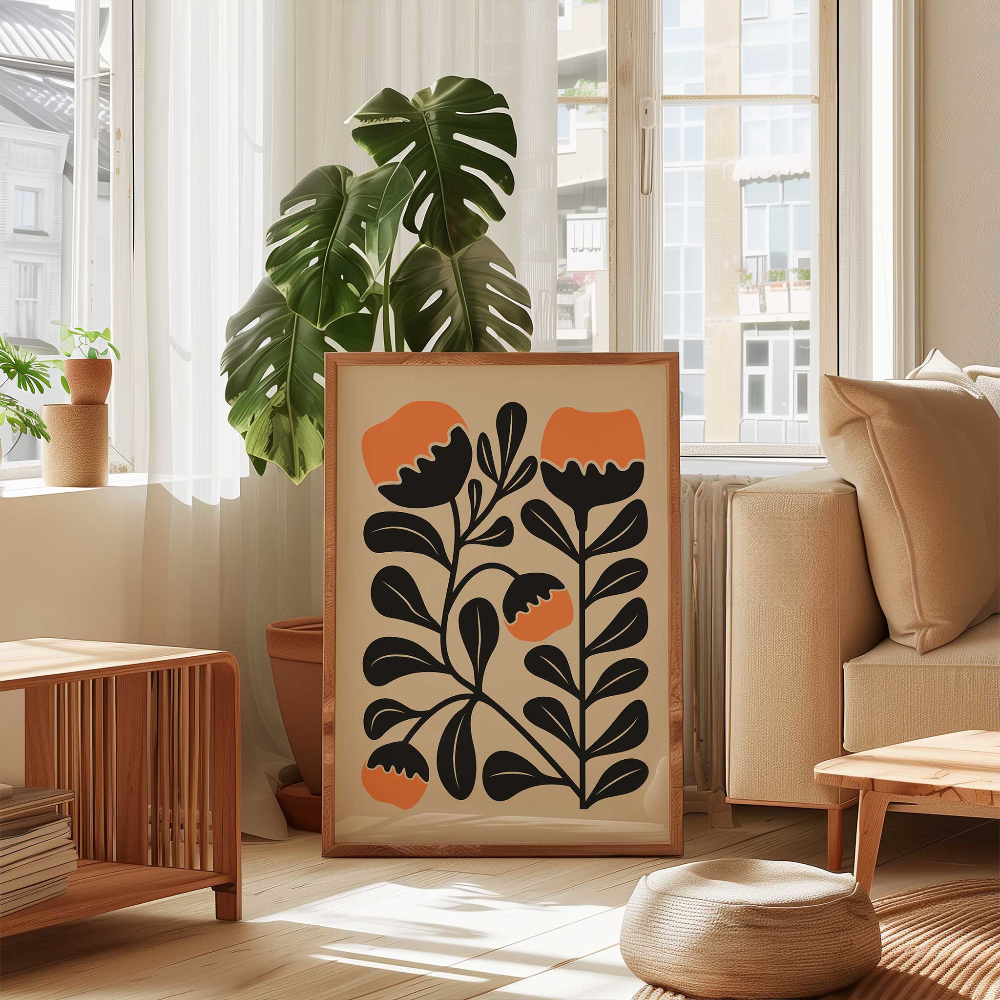 Playful modern floral art with vibrant orange clementine-inspired blooms and abstract shapes.