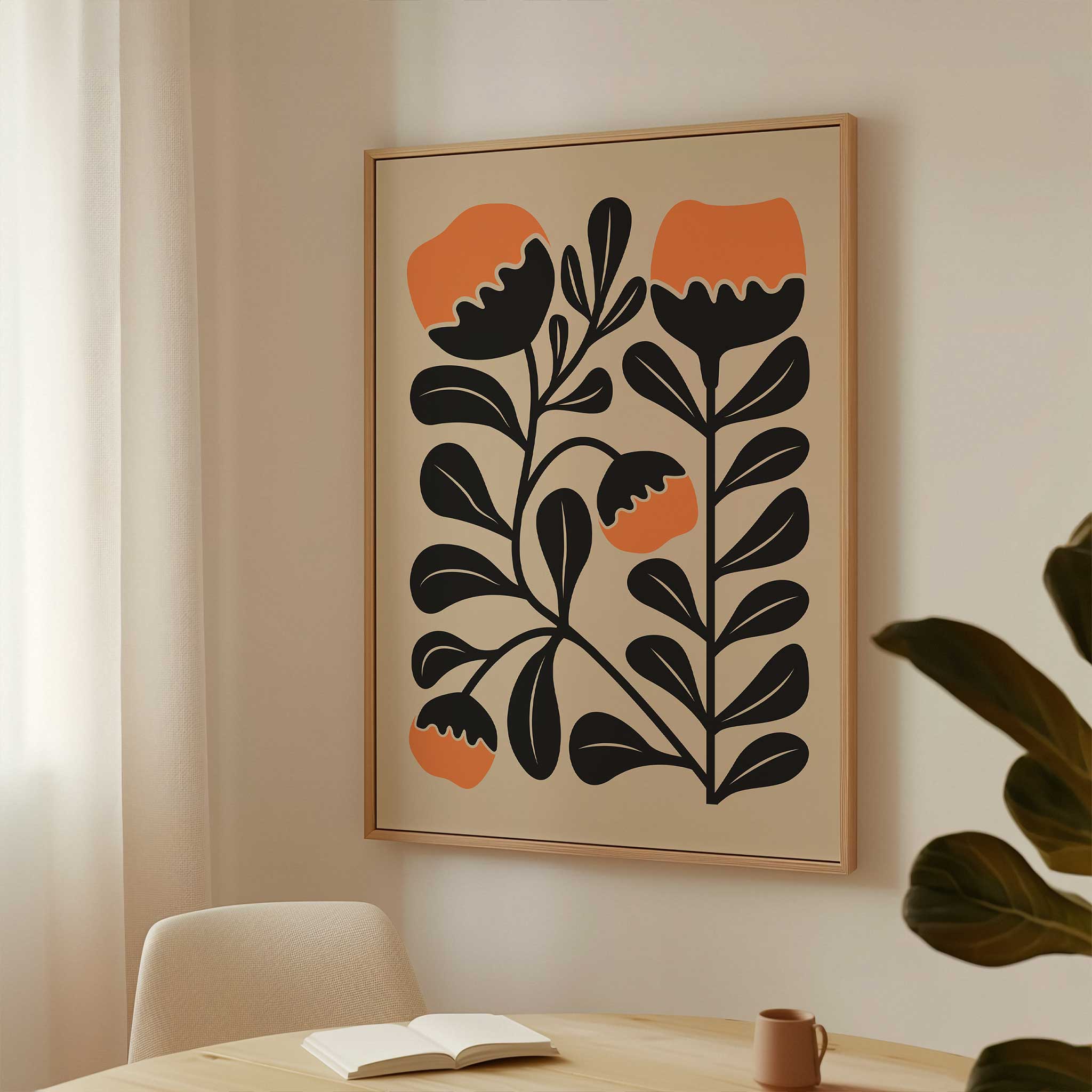 Playful modern floral art with vibrant orange clementine-inspired blooms and abstract shapes.