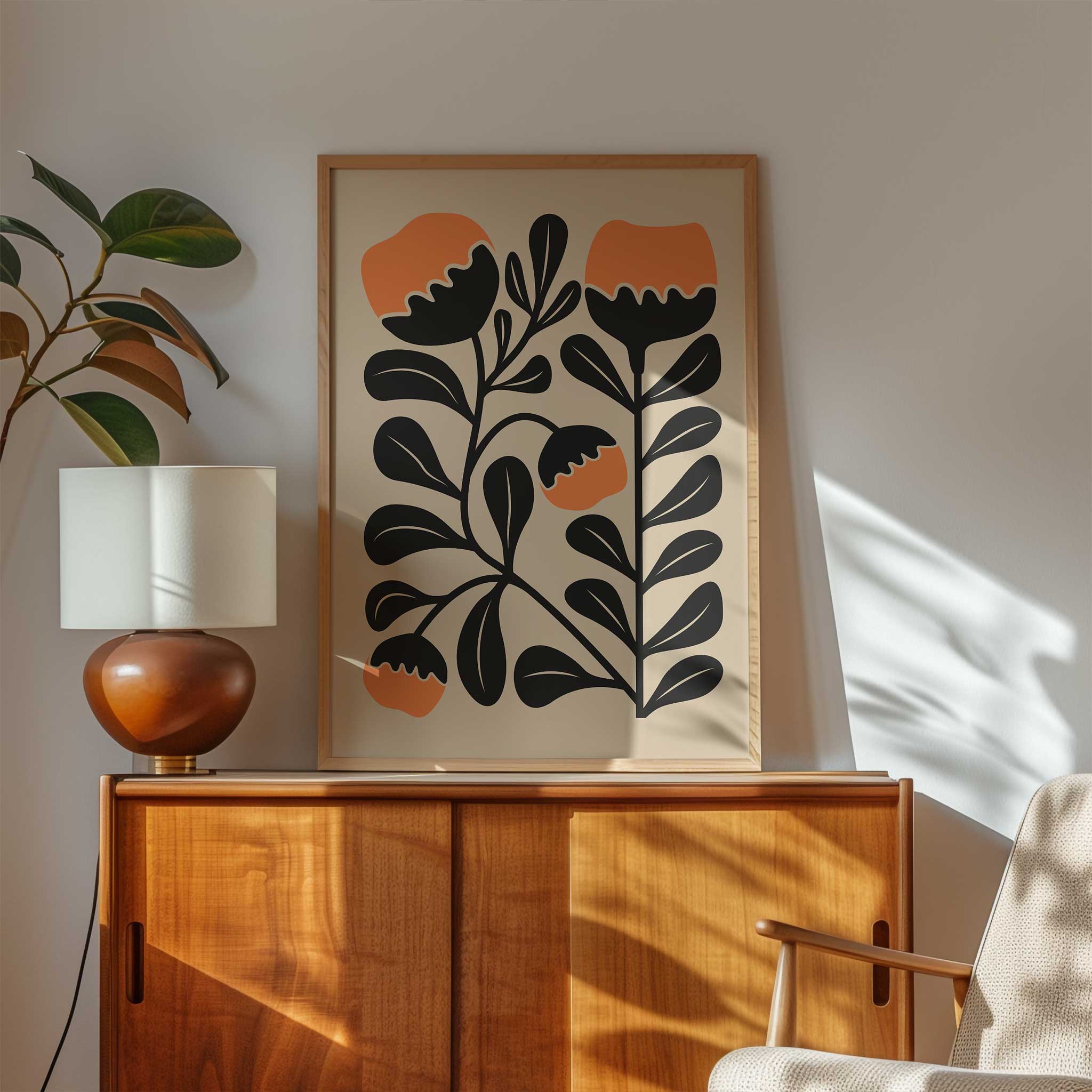 Playful modern floral art with vibrant orange clementine-inspired blooms and abstract shapes.